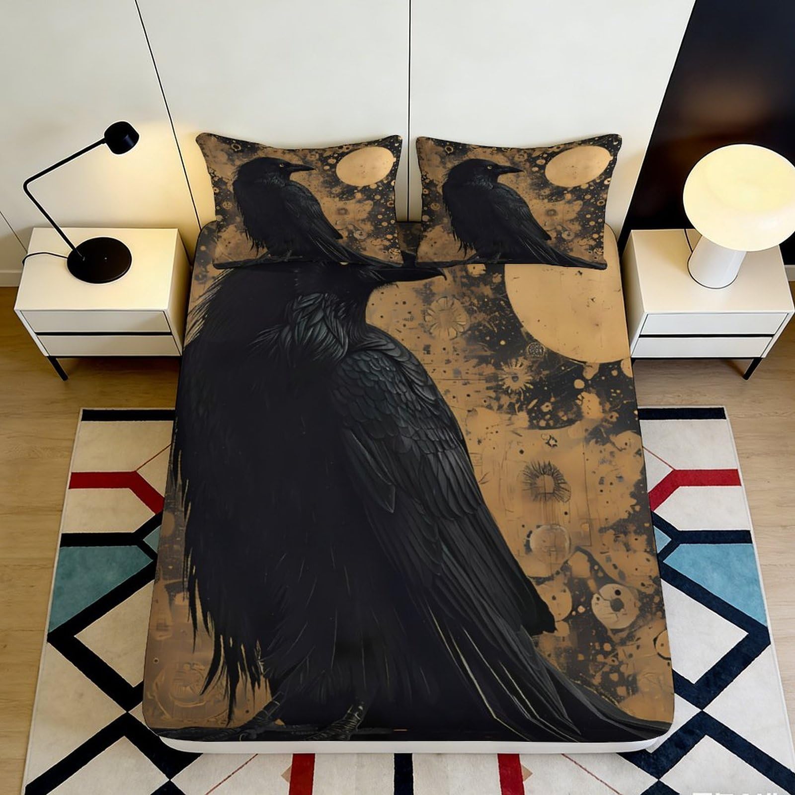 Pnayamiorkfel Style-4 3D Printed Raven Moon Fitted Sheet Microfiber Black Gothic Bed Cover For Bedroom Guest Room Dustproof Decor 90X200x25cm
