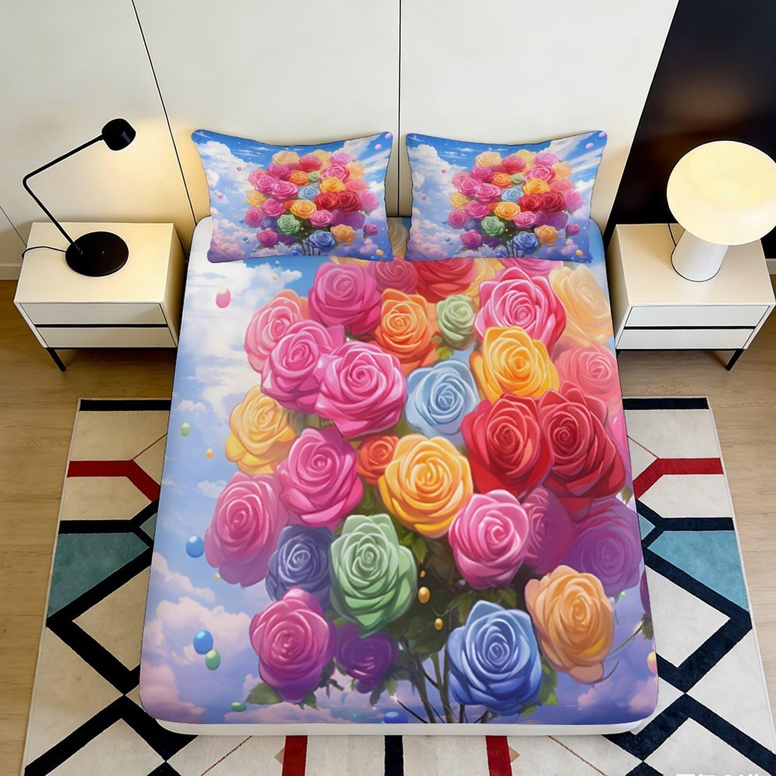 3D Printed Colorful Rose Bouquet Fitted Sheet Microfiber Soft Floral Bed Cover for Bedroom Guest Room Dorm Mattress Decor 90x200x25cm