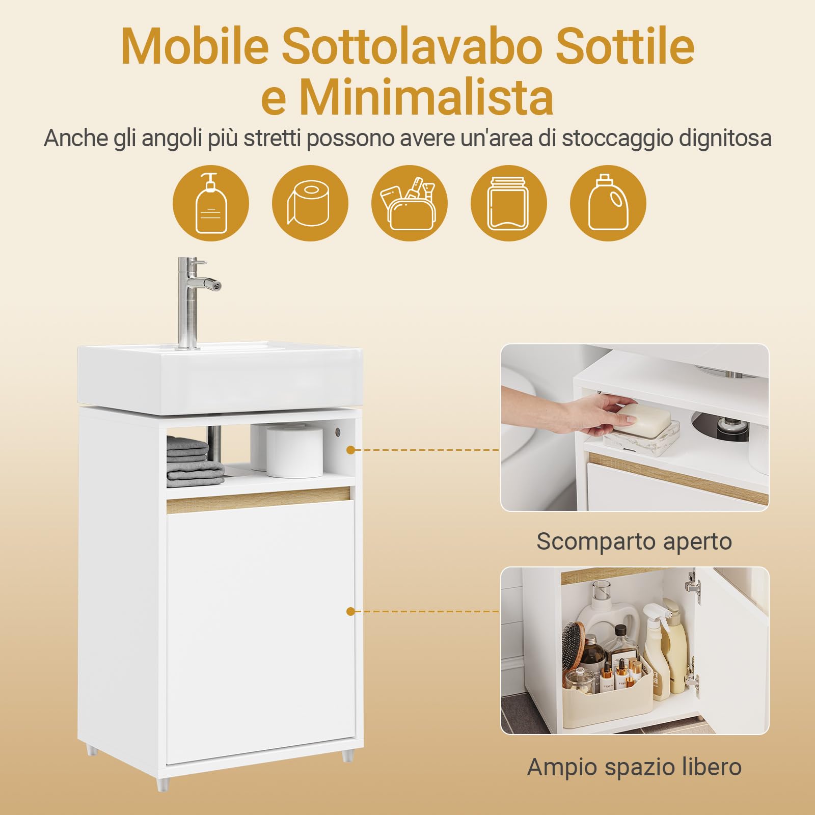 SoBuy Mobile Sottolavabo Stretto con Apertura a U 40x60x30cm per Bagno | Armadietto Salvaspazio, Mobile Bagno di Servizio per Piccoli Spazi, Finitura Opaca Bianco e Legno BZR222-W