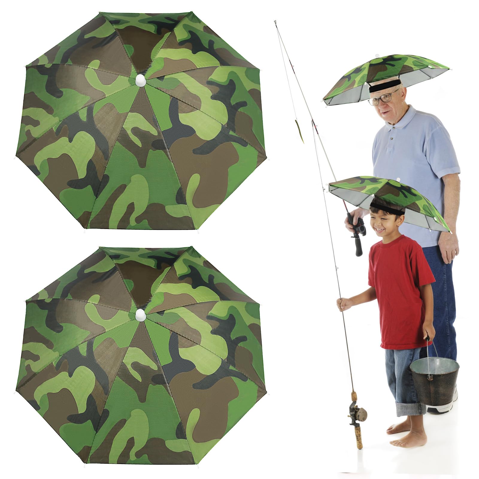 Realure 2 Piezas Sombrero Paraguas Camuflaje 53cm con Banda Elástica para Pesca Playa Camping