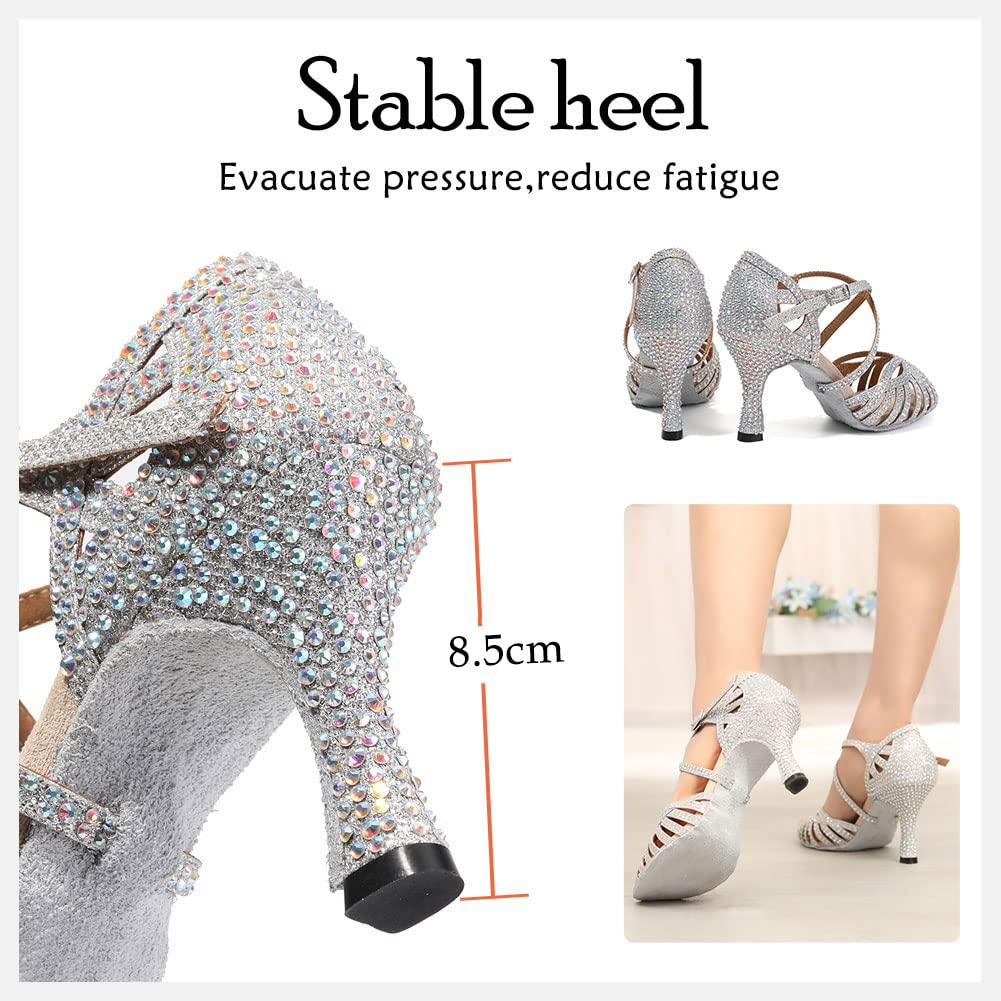 HIPPOSEUS Scarpe da Ballo Latino Argento Salsa con Strass Donna Scarpe da Ballo da Sala Bachata Danza al Coperto Tacco 8.5 cm L380,35 EU