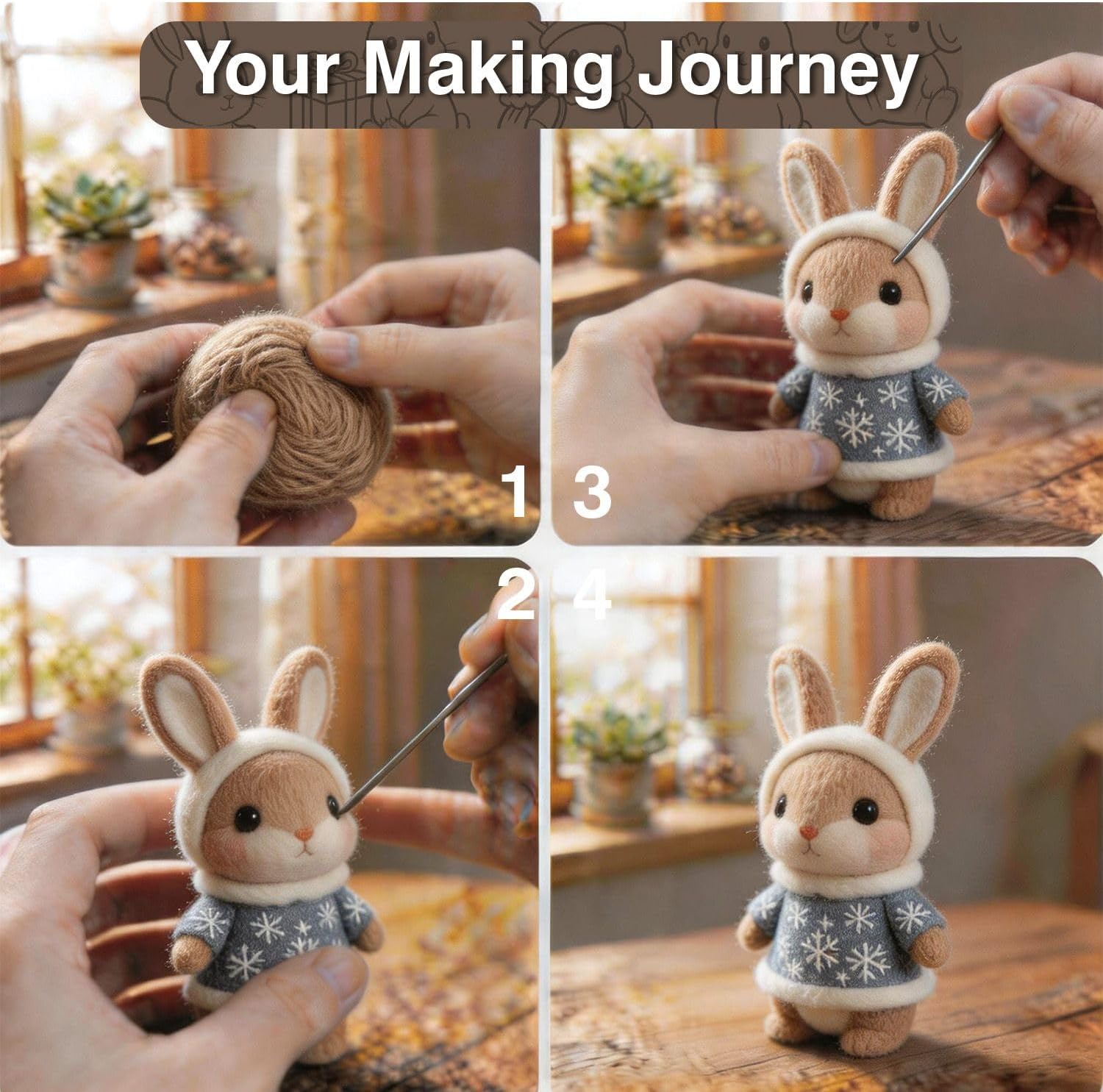 DIY Needle Felting Kit Christmas Santa Bunny – Needle Felting Starter Kit with Fiber Roving, Needles, Felting Pad & Instructions | Felted Animal Kit for Beginners Adults Holiday DIY Craft Gift