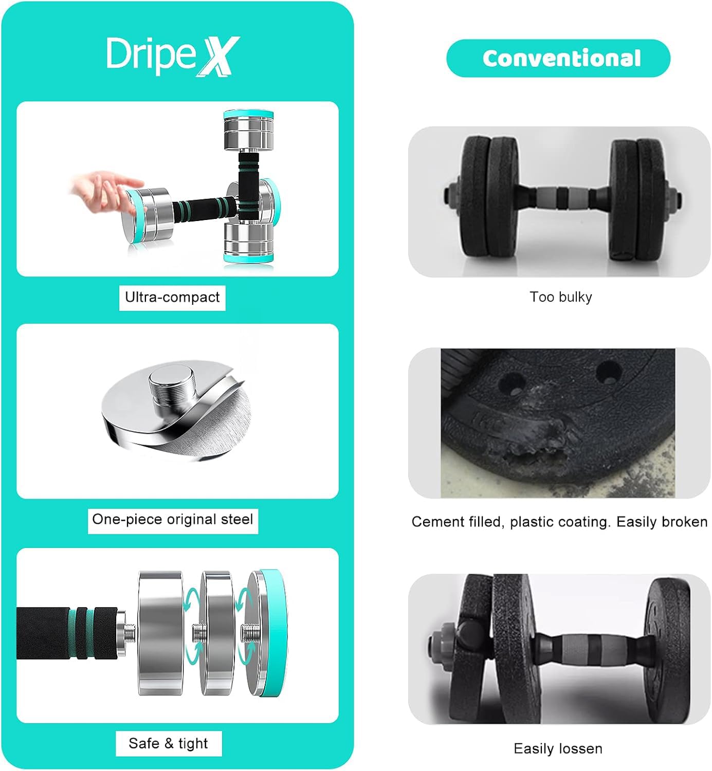 Dripex Hanteln Set, Verstellbare Kurzhanteln 2er Set oder Einzeln aus Stahl, Gewicht von Einzelnen Hantel: 2,5kg, 5kg, 7,5kg, 10kg, 15kg, 25kg, 30kg für Zuhause