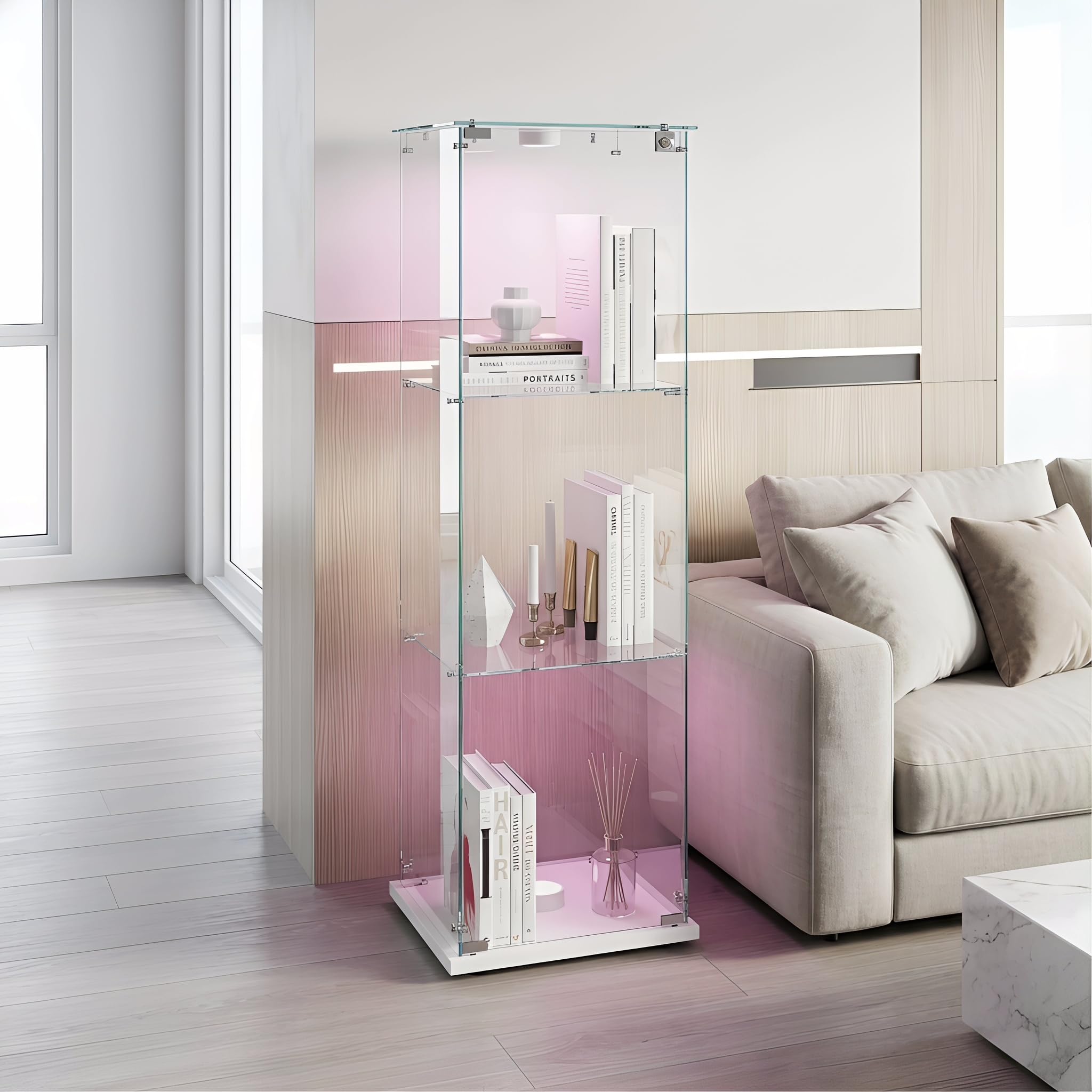 Glasvitrine Standvitrine mit LED, Glasvitrine Stehend mit 3 Lagen Glas, Vitrinenschrank 1 TüR & Schloss Vitrine Glasschrank für Wohnzimmer Büro Sammlerstücke