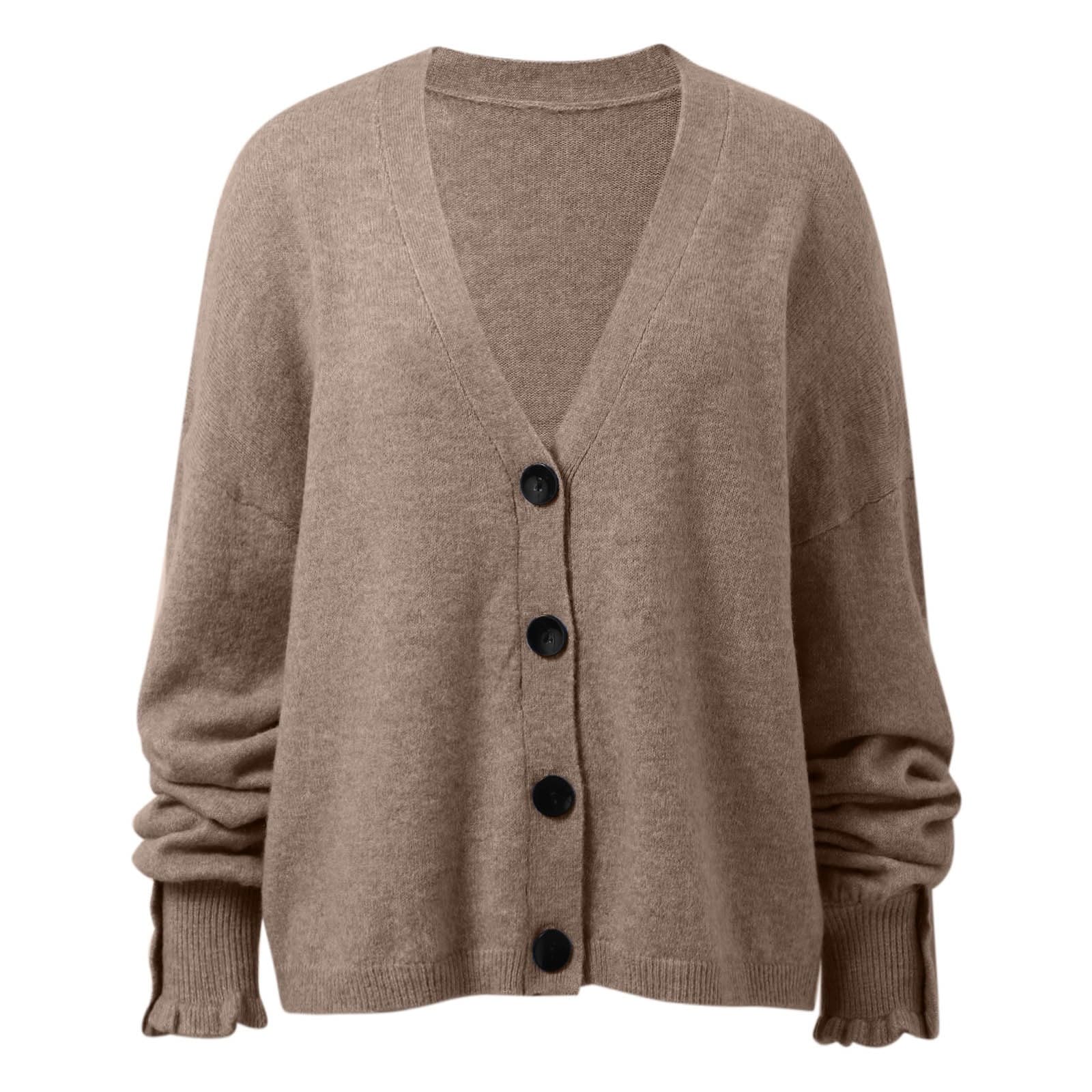 Generisch Maglione da donna a maniche lunghe, con scollo a V, con bottoni, leggero, per autunno e inverno, lavorato a maglia, con scollo rotondo, classico