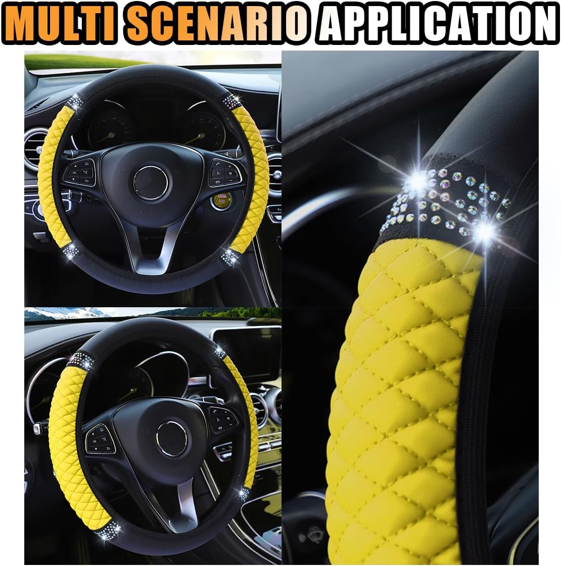 Bling Soft Leather Steering Wheel Cover, 15 Inch Colorful Rhinestones Auto Elastic Protector with Crystal Diamond for Women Girls, Car Accessories for Most Cars, SUVs (Yellow)