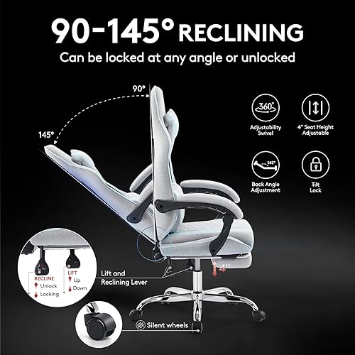 Miniatura 8 de Silla de juegos de tela transpirable, silla de oficina para computadora con reposapiés, soporte lumbar de masaje y almohadilla de gel, silla gris