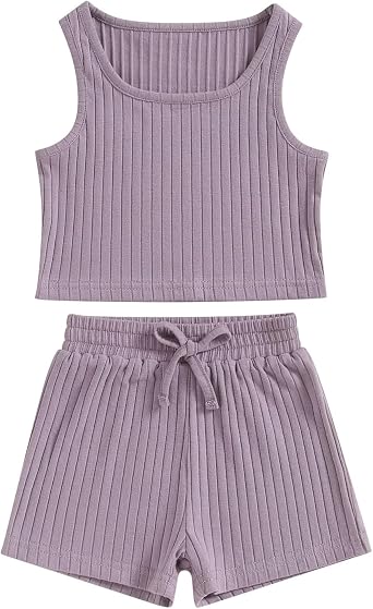 Toddler Baby Girl Clothes Outfits Set Solid Color Sleeveless Rib Knit Tank Tops + Elastic Waist Shorts