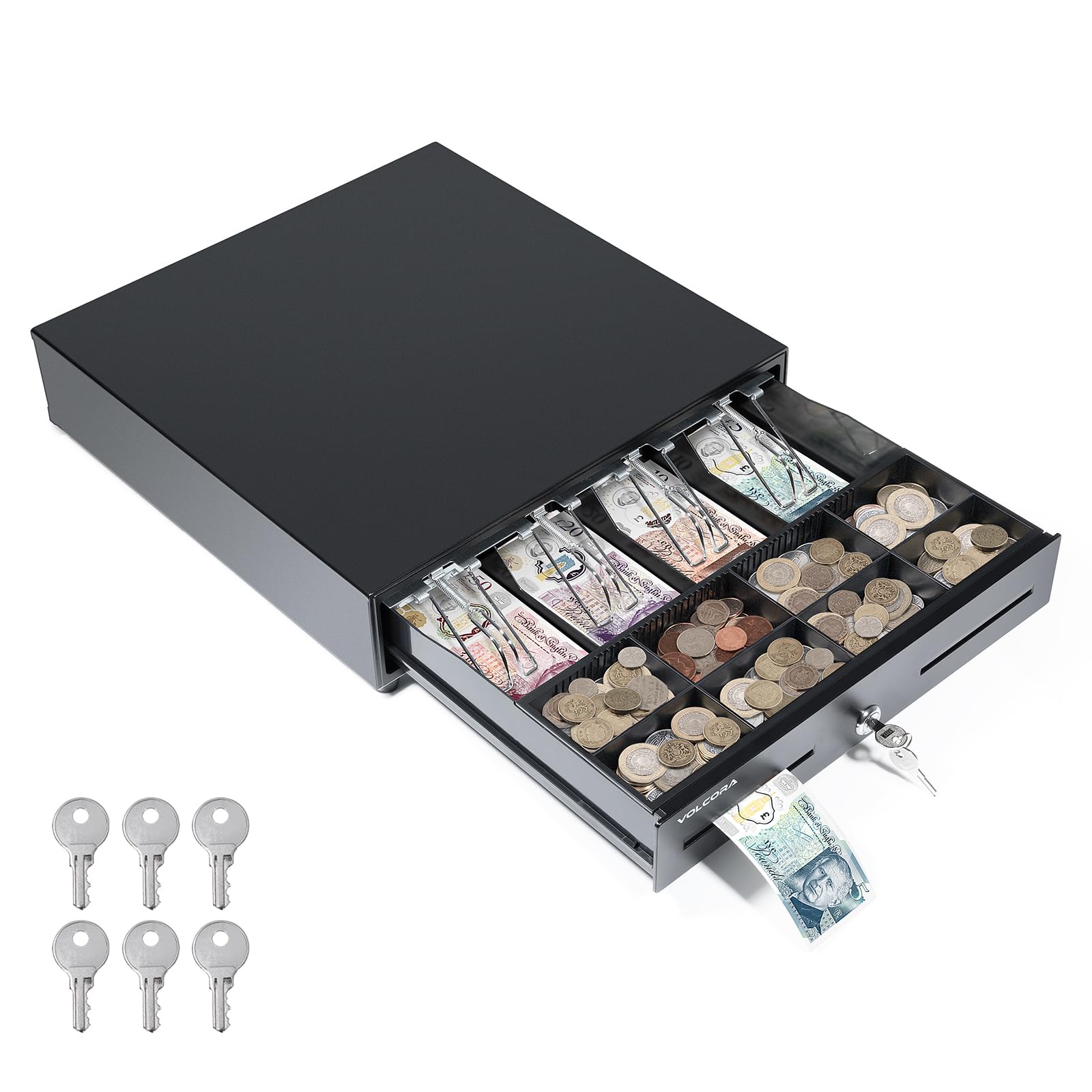 Volcora 16" Cash Register Drawer for POS System 40.5 x 41 x 10.5 cm Auto Open with 4 Bill 8 Coin Cash Tray, Removable Coin Compartment, 12-24V, RJ11/RJ12 Key-Lock, Black - for Small Businesses โ image 1