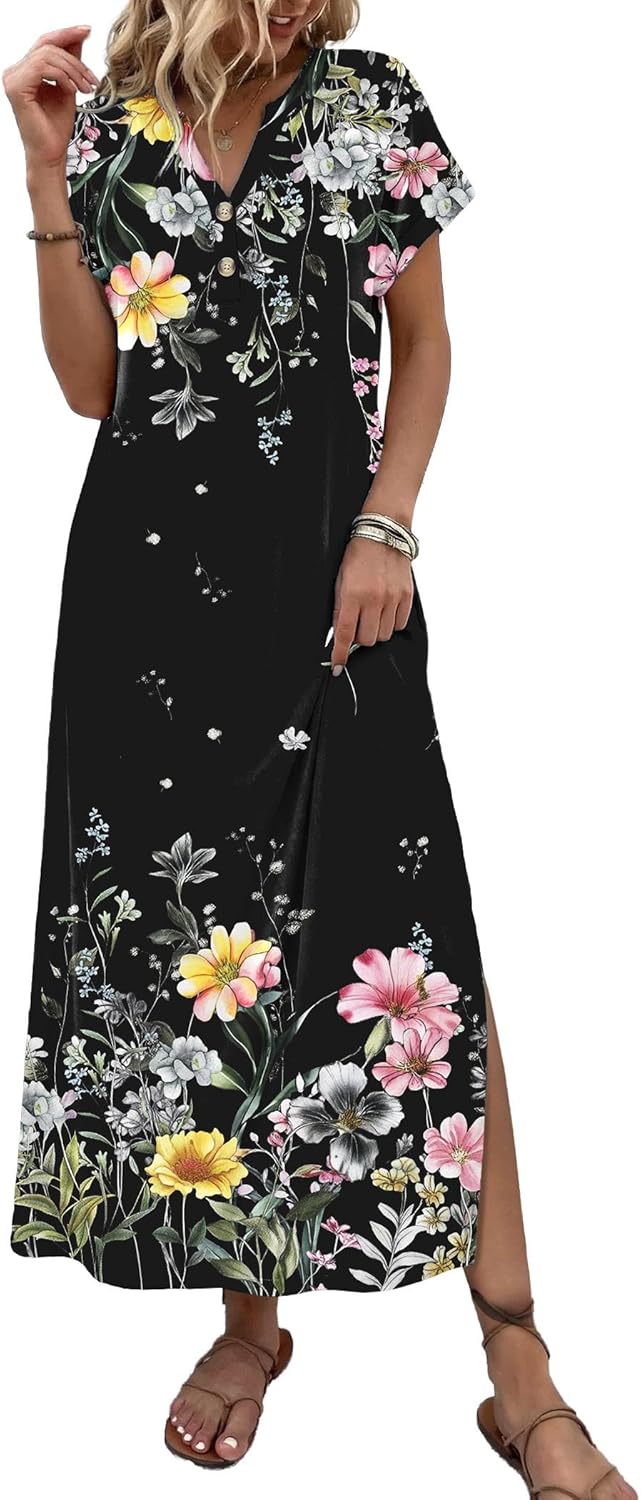 Zeagoo Summer Dresses for Women 2026 Maxi Dresses Vacation Sundress Short Sleeve Casual Sundresses Split Dress with Pockets - Image 6