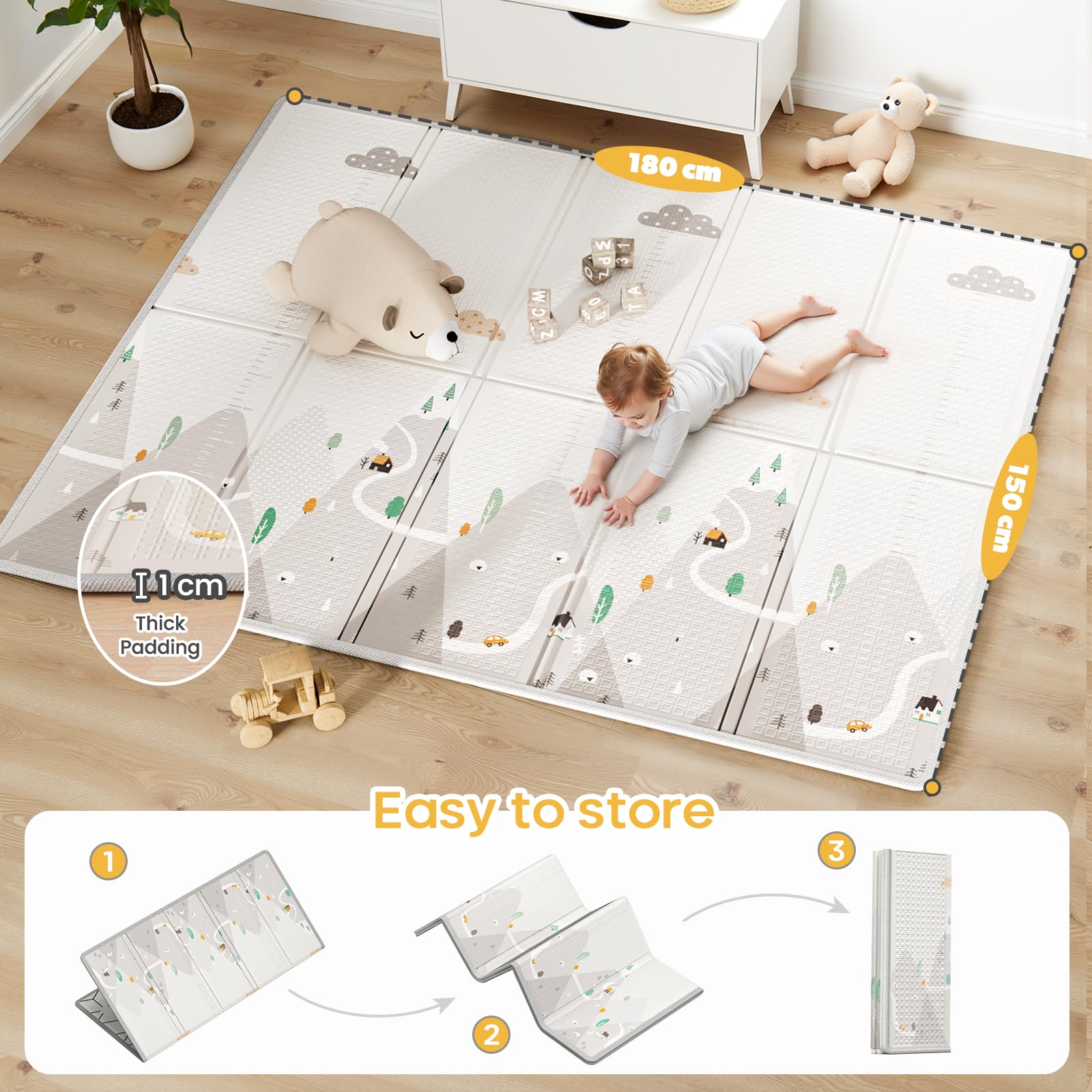 Beige Box Bambini con Materassino - Box Neonato 150×180cm,Recinto per Bambini con 4 Anelli,Imbottitura Morbida