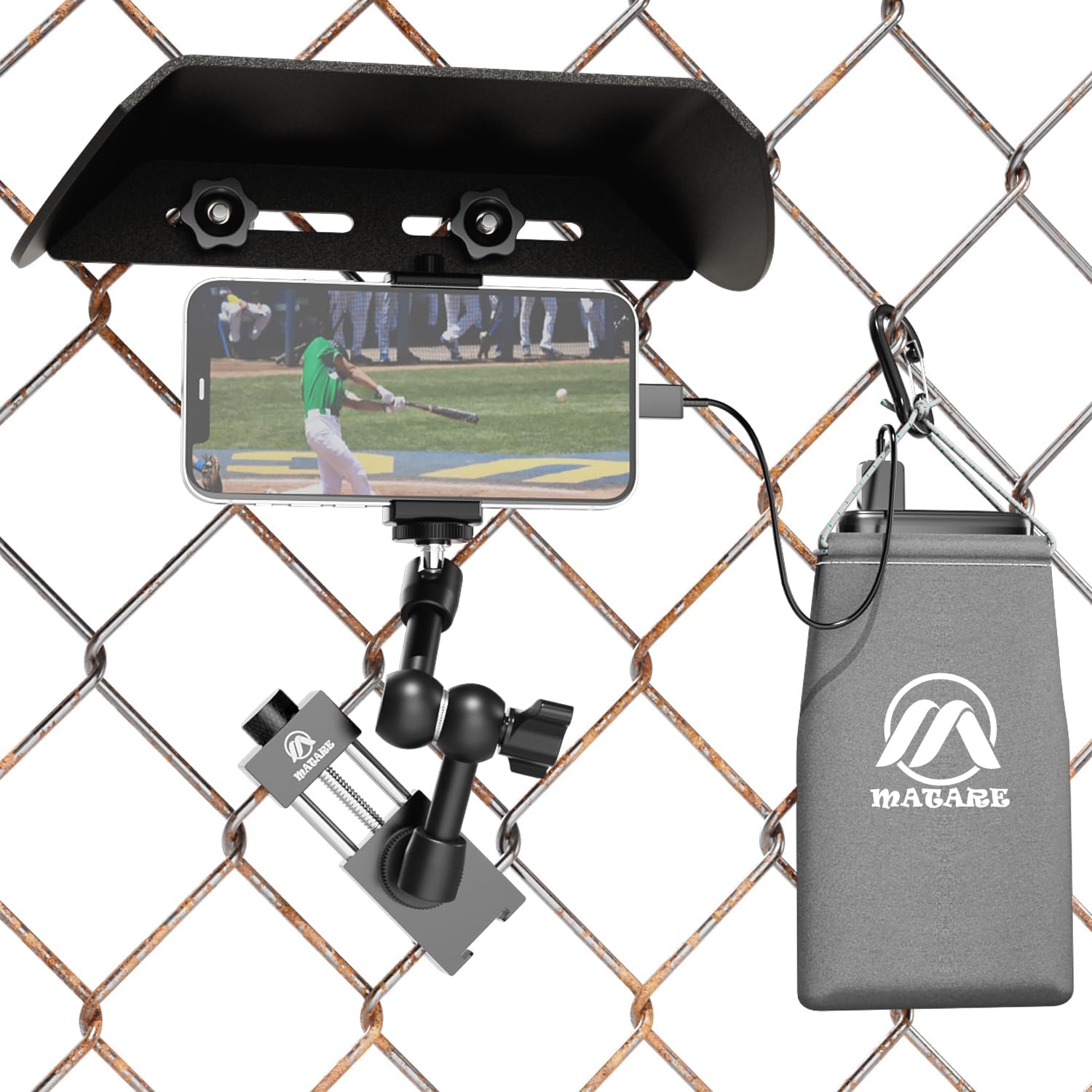 Cell Phone Fence Mount with Shade for iPhone, Mevo Start, Phones, GoPro and Other Action Cameras, Mounting Kit for Recording Baseball,Softball and Tennis Games(M8)