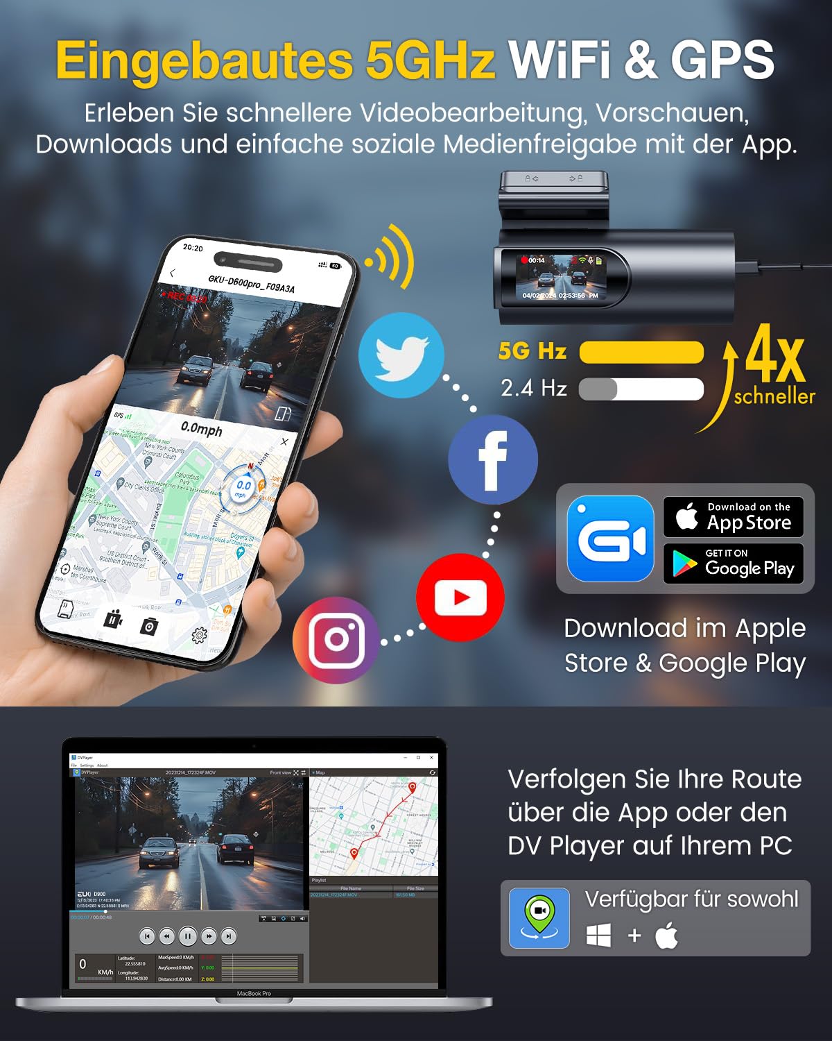 GKU 4K Dashcam Auto Vorne Hinten, 5GHz WiFi GPS, Dual Dash Cam, 1.5" IPS Mini Auto Kamera mit 64GB SD Karte, Parküberwachung, Super Nachtsicht, WDR, 170° Weitwinkel, G-Sensor, APP Steuerung