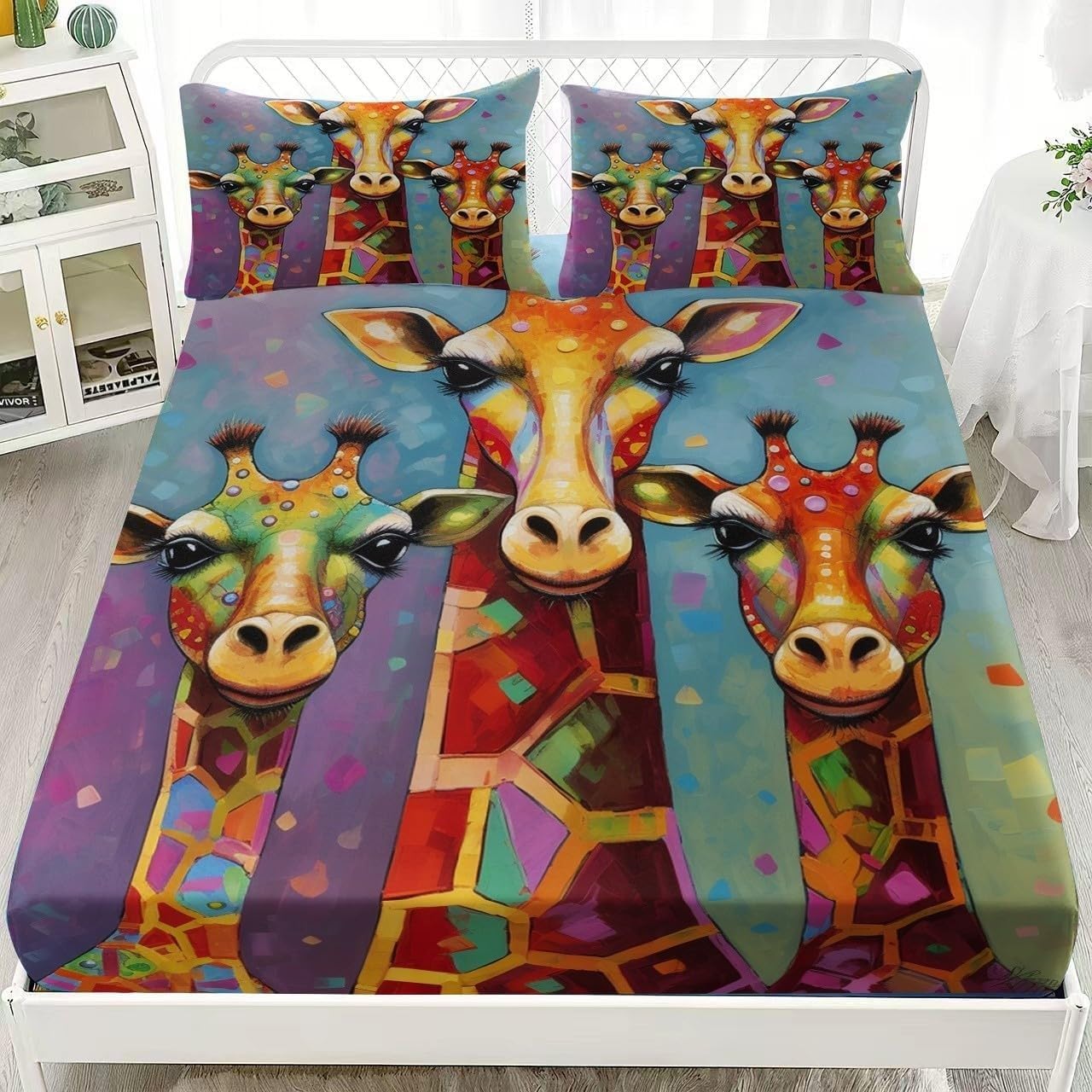 Art Double Fitted Sheet Giraffe Bed Sheets Deep Pocket 12 inch (30 cm) Soft Cozy 3 Piece Microfibre Bed Sheet 135x190 cm with 2 Pillowcases 50x75 cm
