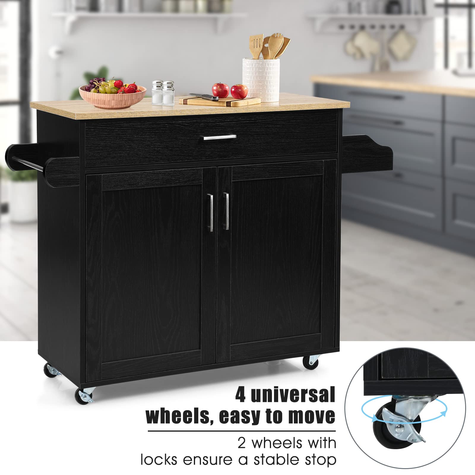 GIANTEX Küchenwagen mit Arbeitsplatte, Küchenschrank mit Rollen, bewegliche Kücheninsel Holz, Servierwagen Küchenrollwagen Rollwagen mit Schublade, Küchentrolley 116 x 40 x 85 cm, Schwarz