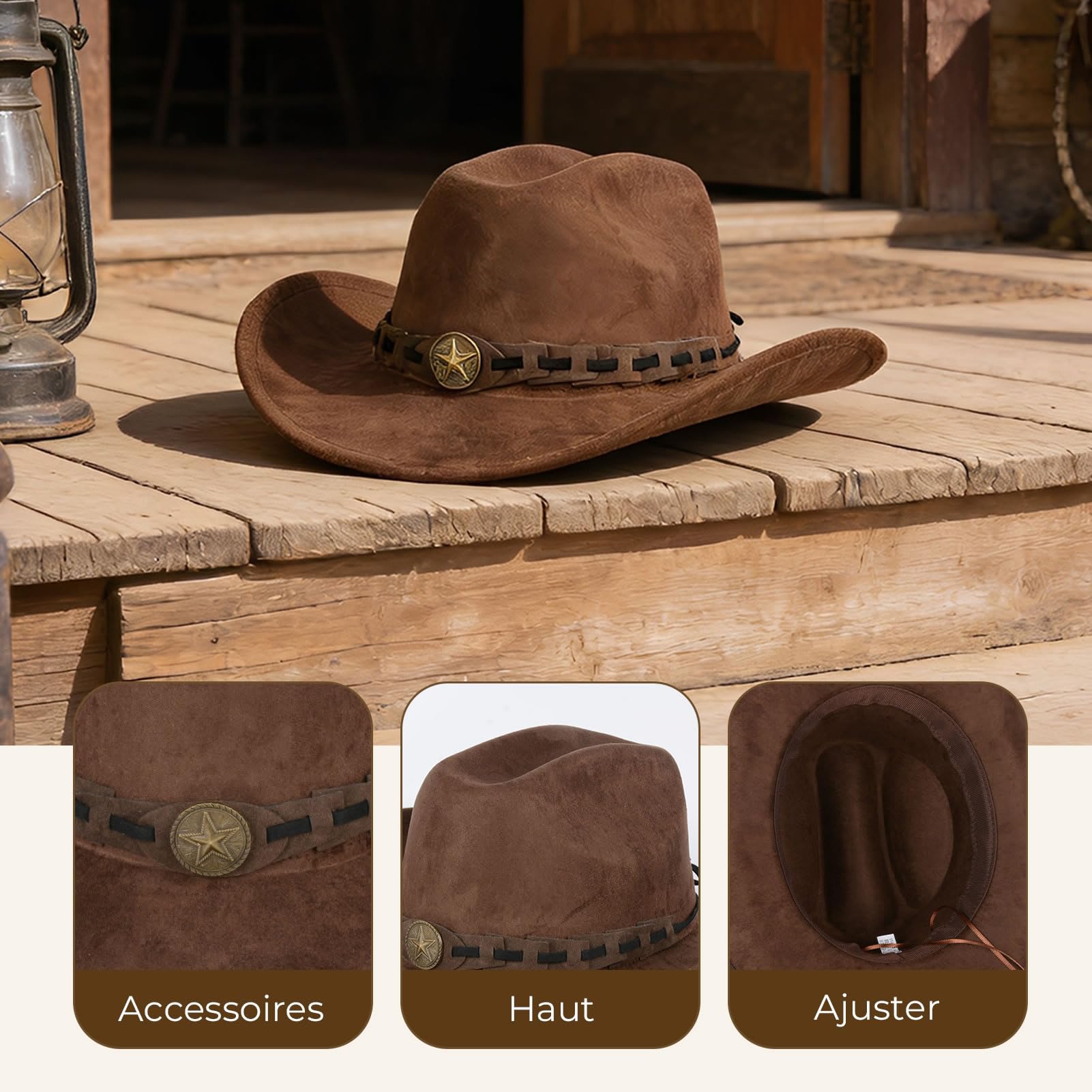 Chapeau de Cowboy Large Bordure réglable pour Hommes et Femmes élégant en Cuir de Daim Authentique Western Cowboy Chapeaux à la Mode en Plein air avec Design Unique (Marron)