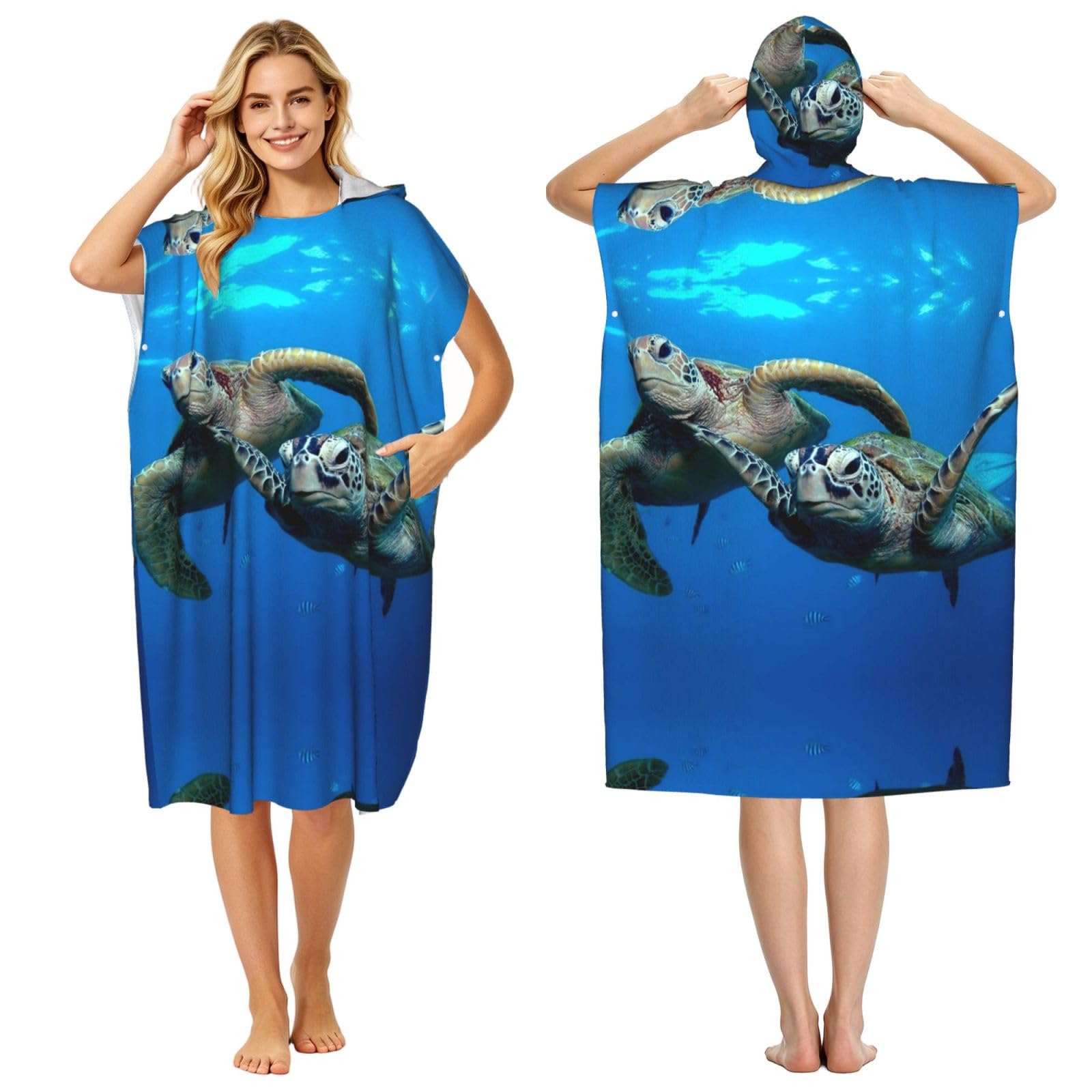 Serviette de plage légère avec poncho à capuche microfibre motif tortue sous-marine