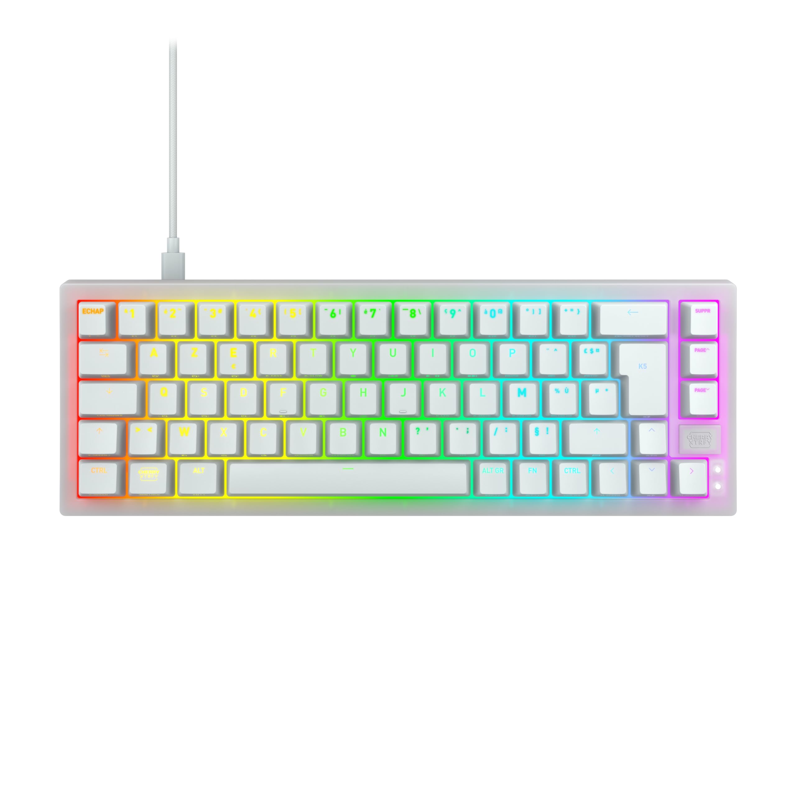 CHERRY XTRFY K5V2 Compact, Clavier de gaming mécanique, format 65 %, Disposition française (AZERTY) Clavier Hot-Swap, MX2A RED Switches, Blanc transparent