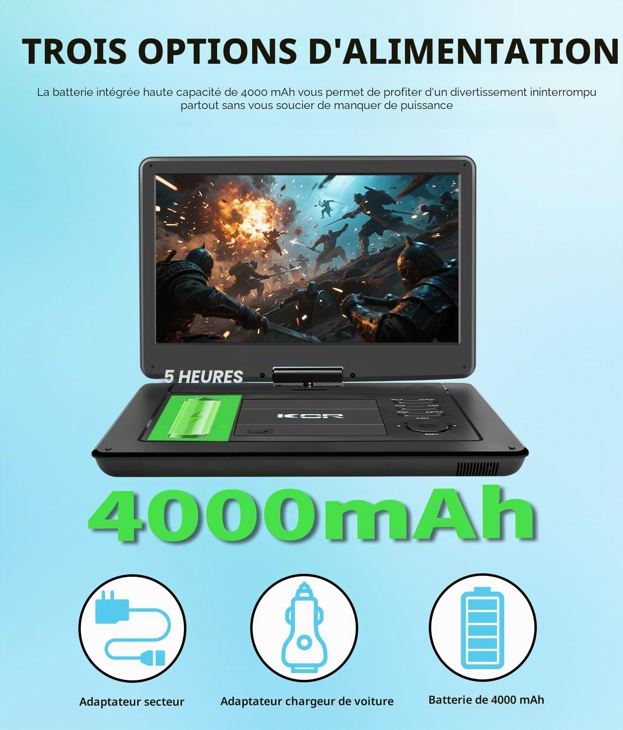KCR Lecteur DVD portable 15,6 pouces écran LED DVB-T2 batterie rechargeable USB HDMI AV audio