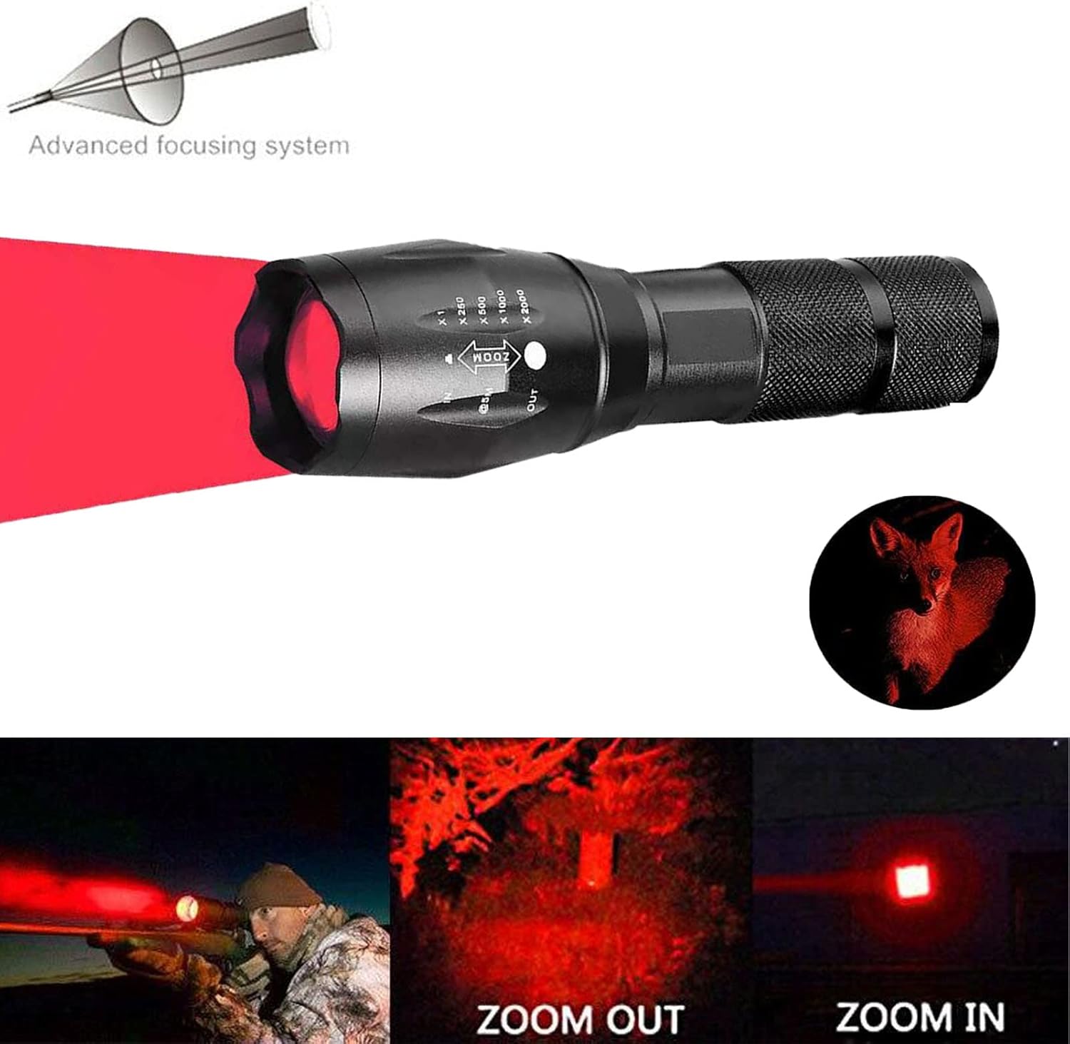 Red LED Flashlight One Mode 350 Yard Red Light Handheld Flashlights Super Bright Tactical Flashlight with Zoomable Waterproof Hunting Torch Light for Astronomy Aviation Night Observation