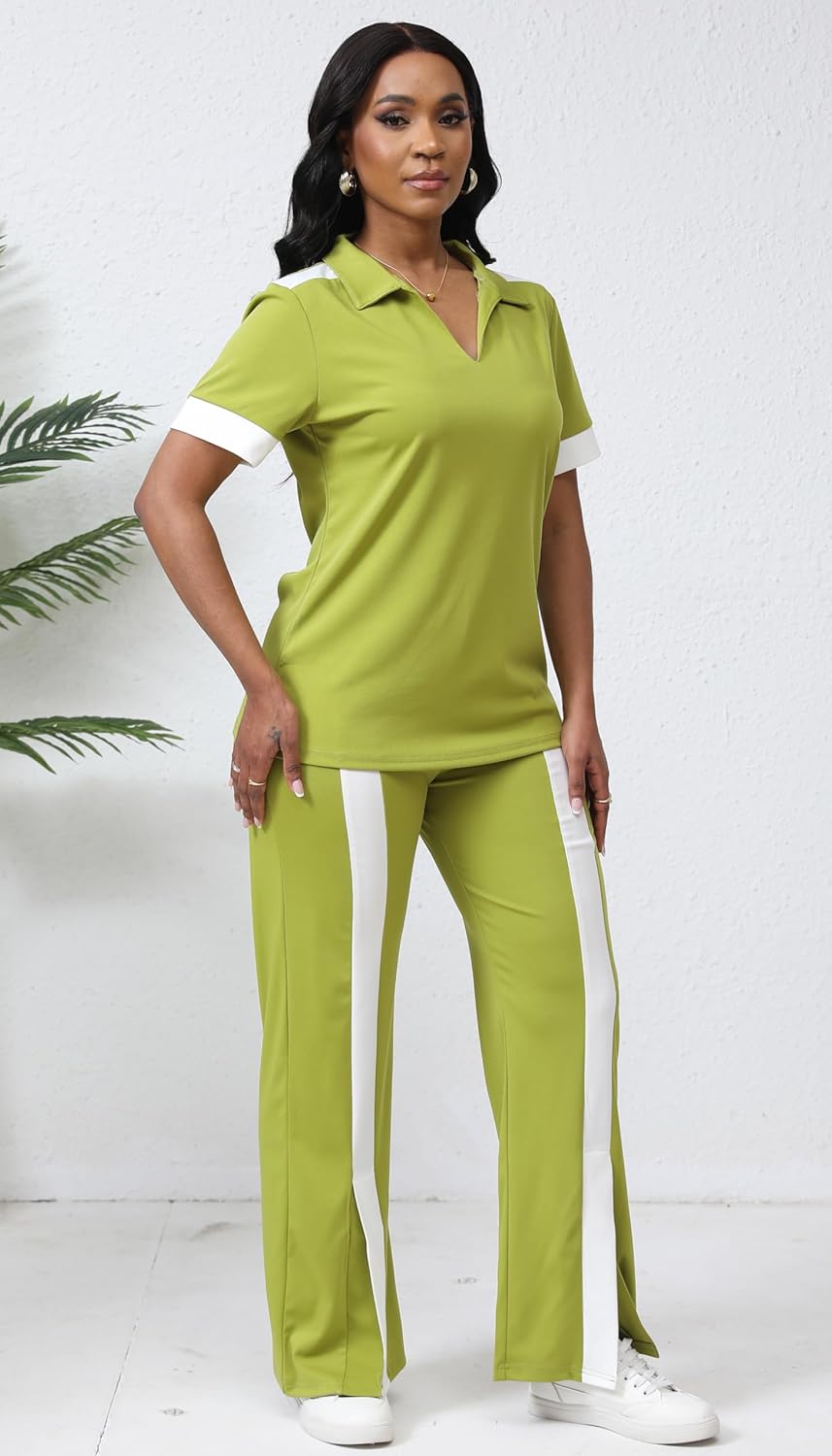 Fooullaide Women's Lounge 2 Peice Outfit Dressy Casual Short Sleeve Flared Slit Wide Leg Pants Set Match Sweatsuit - Image 3