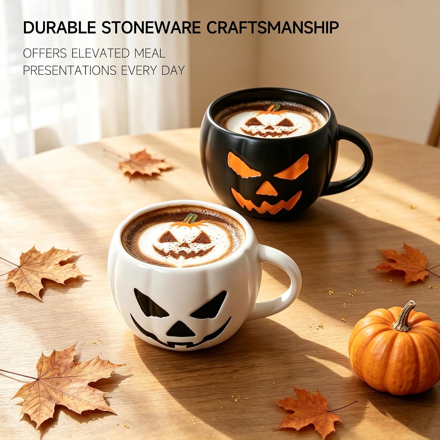 Halloween Pumpkin Coffee Mugs Set of 2, 16oz Stoneware Coffee Cups