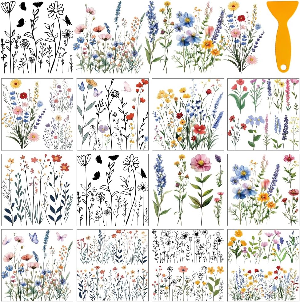 AHANDMAKER 12 Sheets Floral Rub on Transfer Stickers, Wildflower Window Decoration Butterfly Furniture Decal for Home School Office Decor DIY Crafts Supplies, 5.5x5.5"