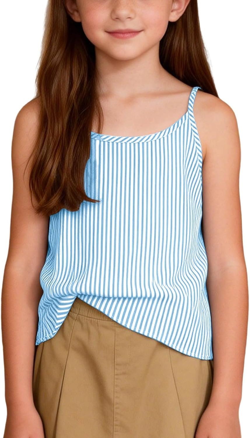 Girls Vertical Striped Spaghetti Strap Camisole, Textured Woven Relaxed Fit Tank Top, Lightweight Sleeveless Kids Shirt