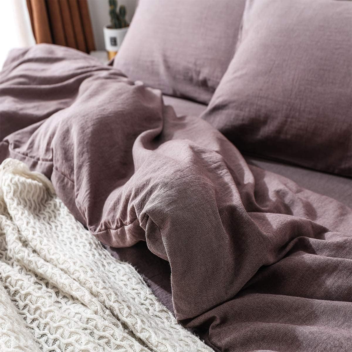 MooMee Pre-Washed Cotton Duvet Cover Set Super Soft Breathable Durable - Perfectly Casual Linen Look but Luxurious Feel (Heathered Dark Mauve Brown, Queen)