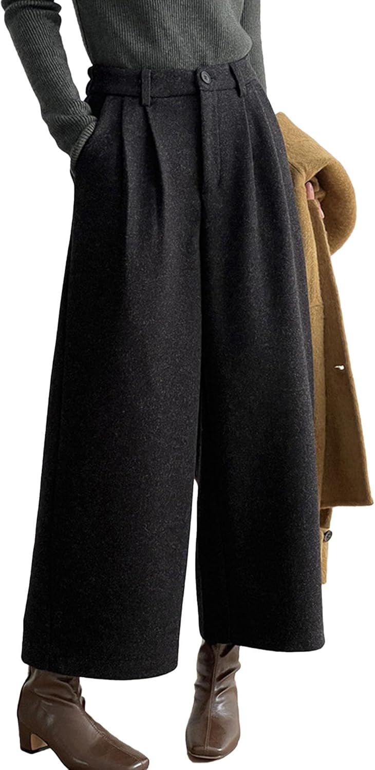 SOMTHRON Women's Wool Blend Fall Winter Culottes: Elastic High Waist Loose Wide Leg Cropped Palazzo Capri Pants