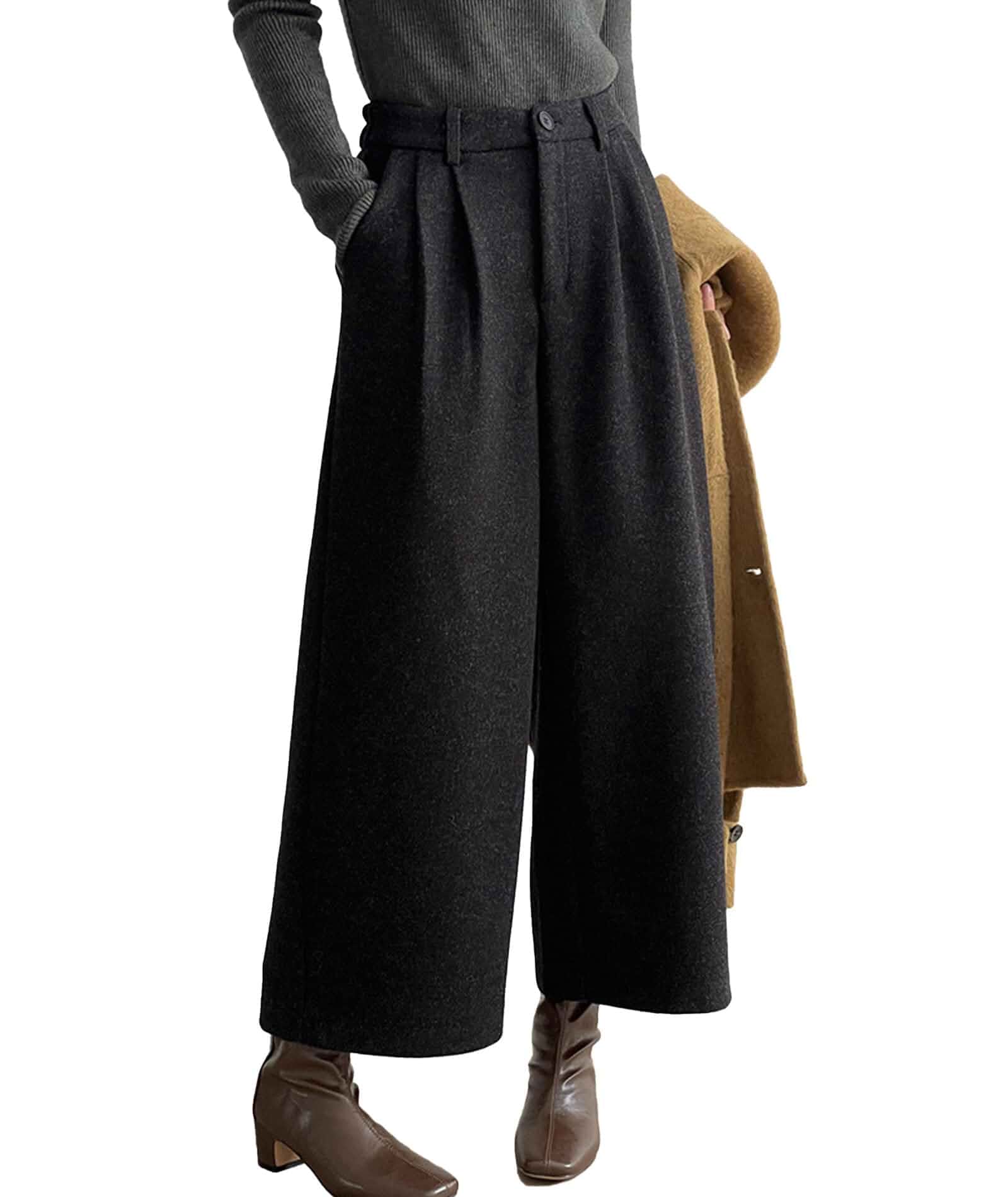 SOMTHRON Women's Fall Winter Wool Culottes Elastic High Waisted Loose Wide Leg Capri Cropped Palazzo Pants