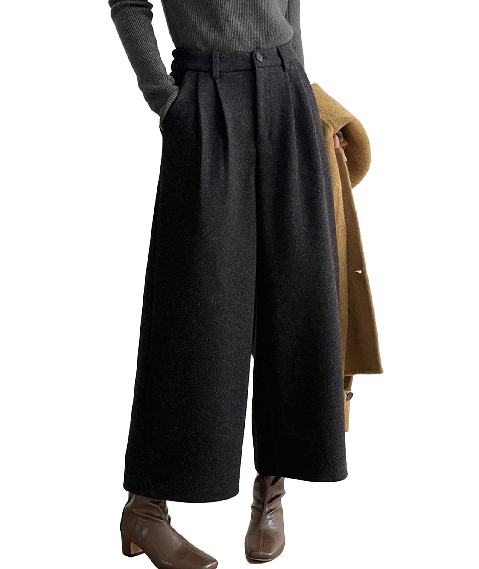 SOMTHRON Womens Fall Winter Wool Culottes Elastic High Waisted Loose Wide Leg Capri Cropped Palazzo Pants