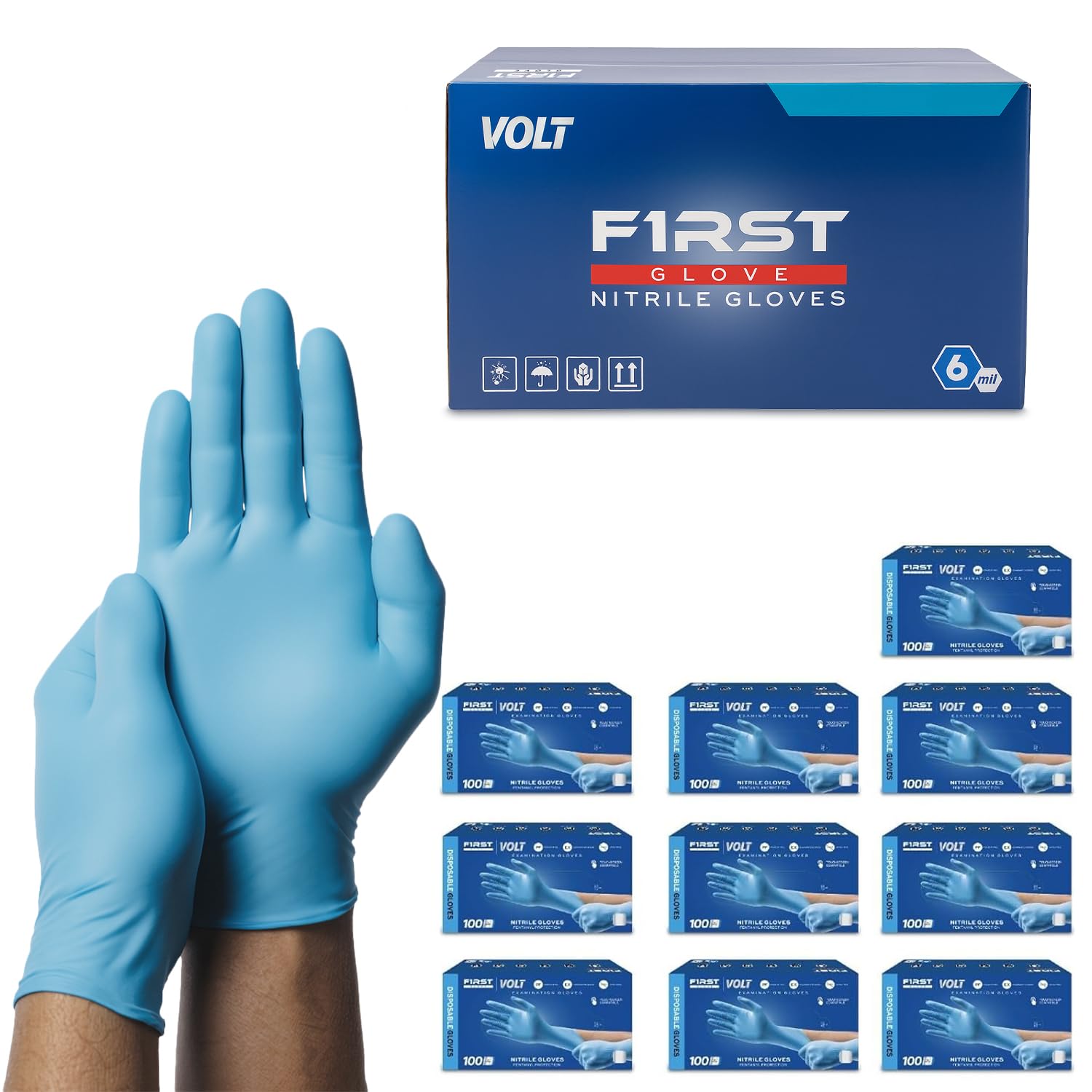 First Glove Volt Medium 100 Ct. 6 Mil blaue Nitril-Einweghandschuhe, lebensmittelechte Einweghandschuhe, Einweg-Reinigungshandschuhe, mikrostrukturierte Handschuhe für verbesserte Griffigkeit,