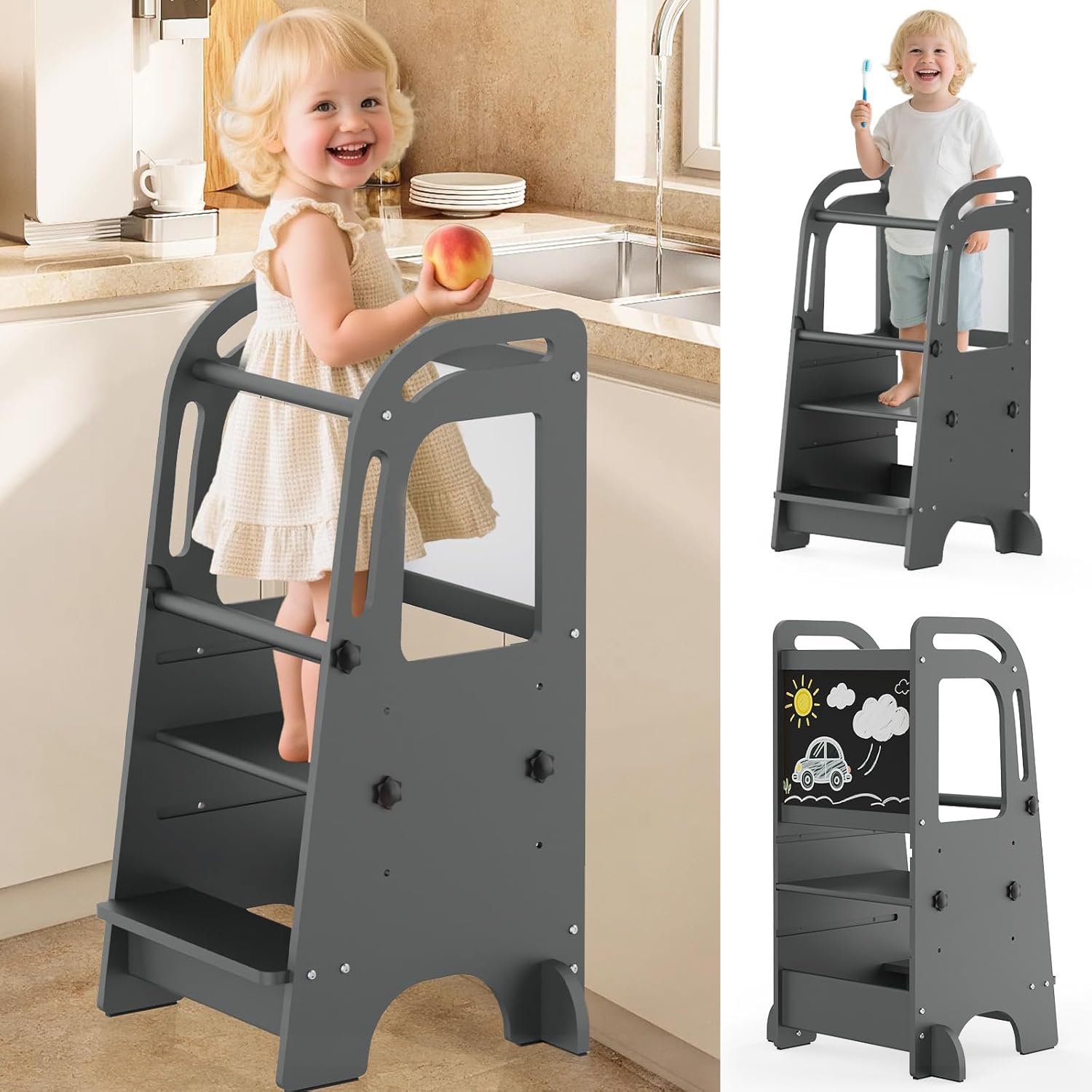 Toddler Tower with Chalkboard, Toddler Kitchen Stool Helper with Support Feet, Wooden Kids Kitchen Step Stool, Step Stool for Toddlers with Anti-Slip Protection Design (Grey)