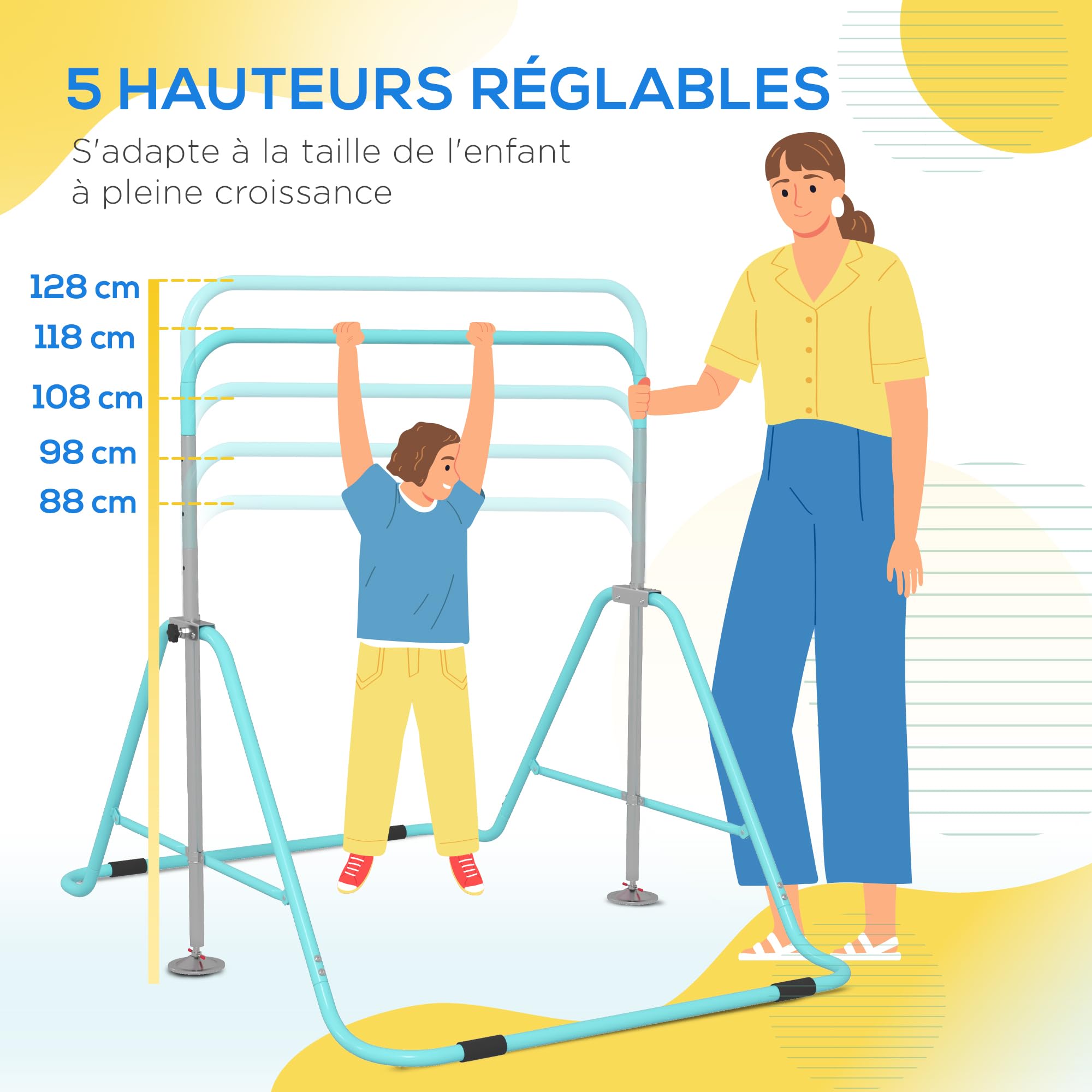 HOMCOM Barre Fixe de Gymnastique pour Enfants Pliante - Hauteur réglable de 88 à 128 cm - avec Base Triangulaire en Acier