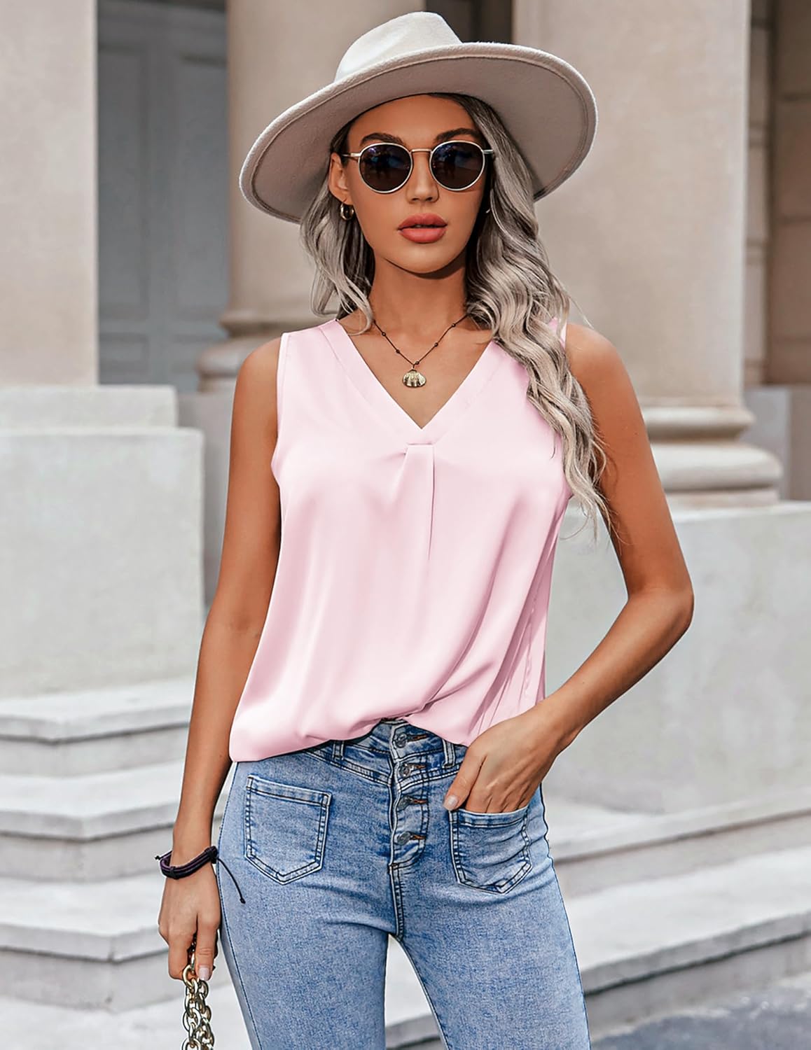 Zeagoo Womens 2025 Silk Satin Tank Tops V Neck Casual Cami Sleeveless Camisole Blouses Summer Basic Tank Shirt - Image 6