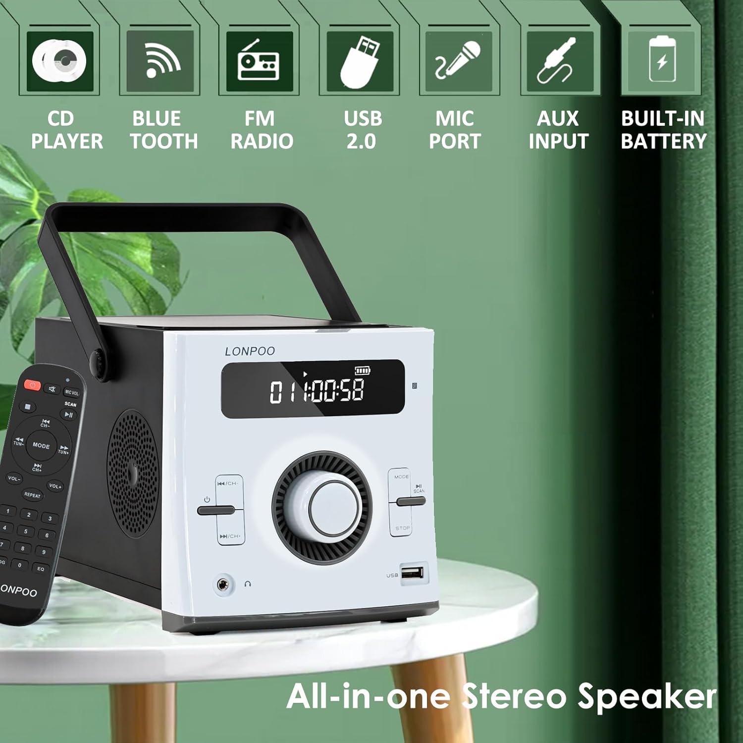 ഫ്രണ്ട് view of LONPOO LP-118W Boombox with icons for CD, Bluetooth, FM Radio, USB, Mic Port, AUX Input, and Built-in Battery