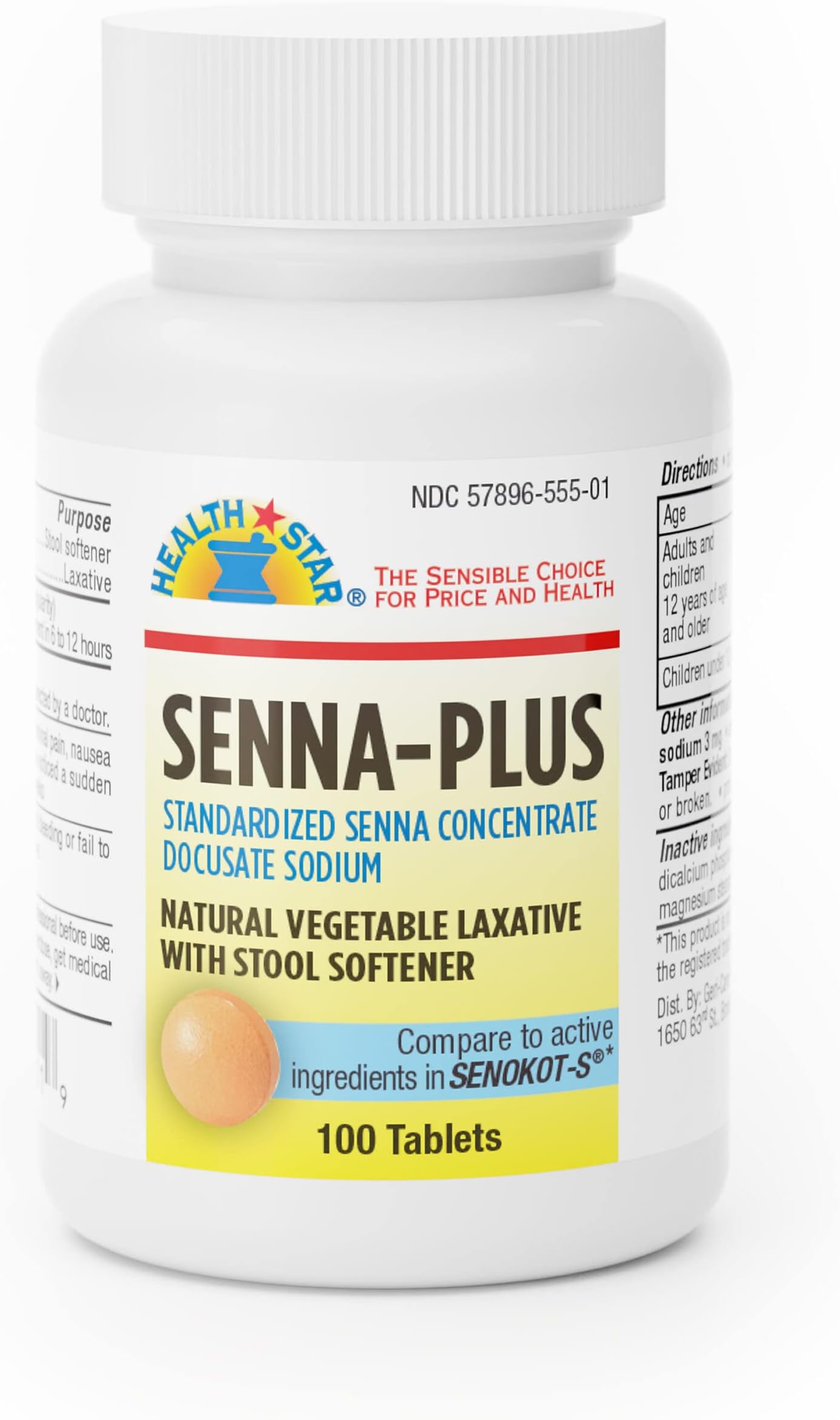 GeriCare Senna Plus Natural Vegetable Laxative with Stool Softener, Docusate Sodium 50mg, Sennosides 8.6mg 100 Count (Pack of 1)
