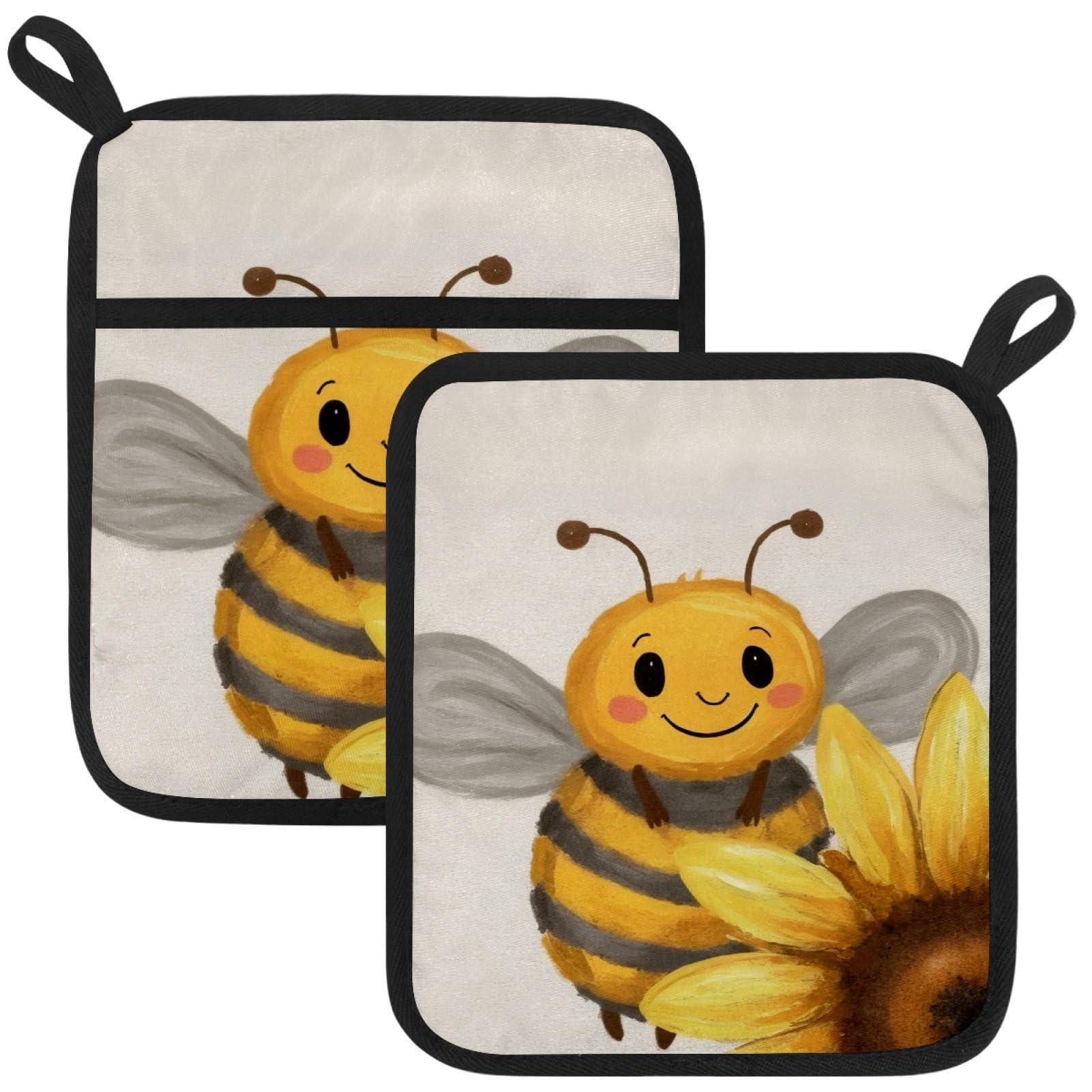 VAPOKF Bee Sunflowers Pot Holders with Pocket for Kitchen Heat Resistant Potholders Large Polyester-Cotton Square Oven Mitts Set