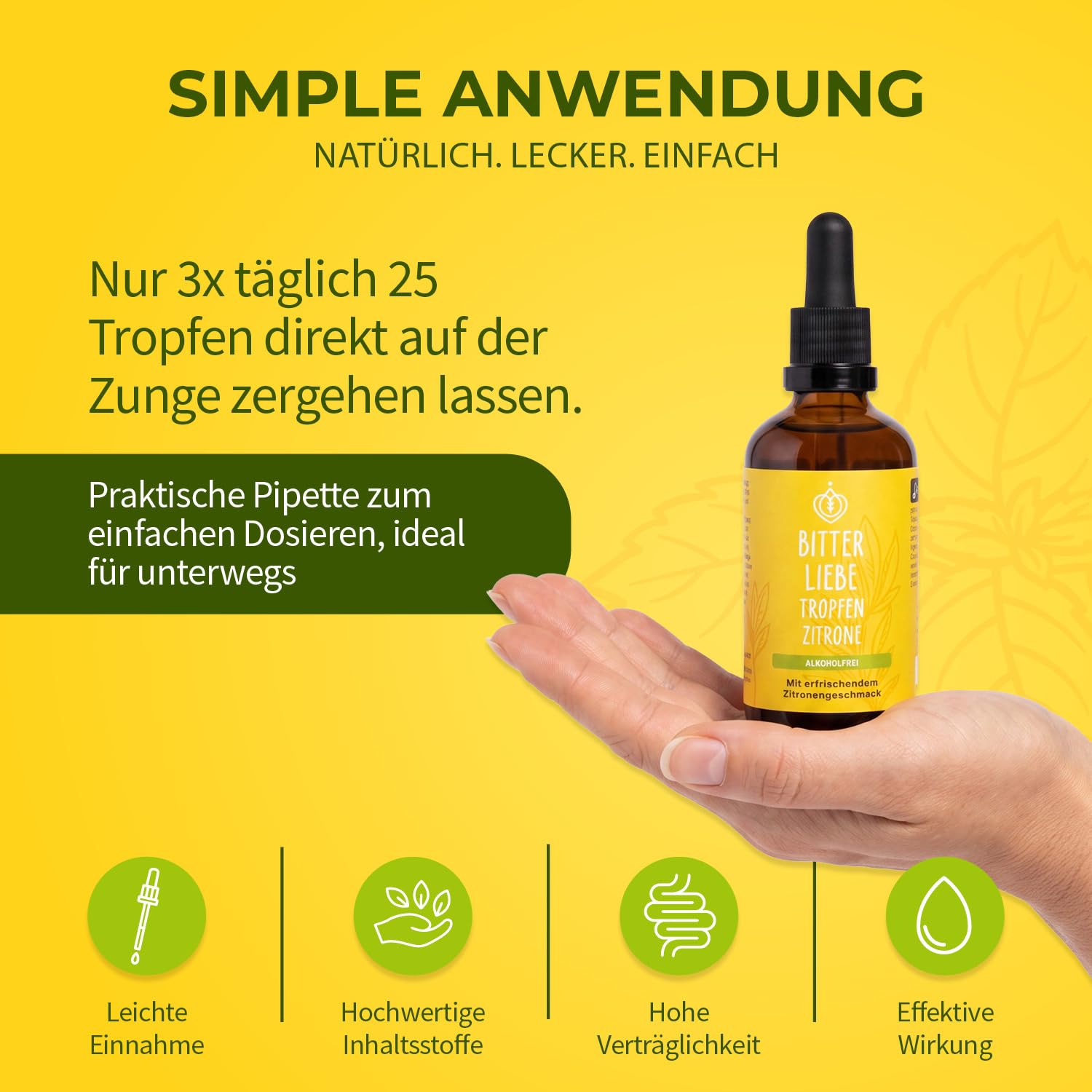 BitterLiebe - Bittertropfen Zitrone ohne Alkohol 100ml - Bitterstoffe Tropfen mit Zink und Zitronengeschmack - nach Hildegard von Bingen - vegan & alkoholfrei - in Deutschland hergestellt