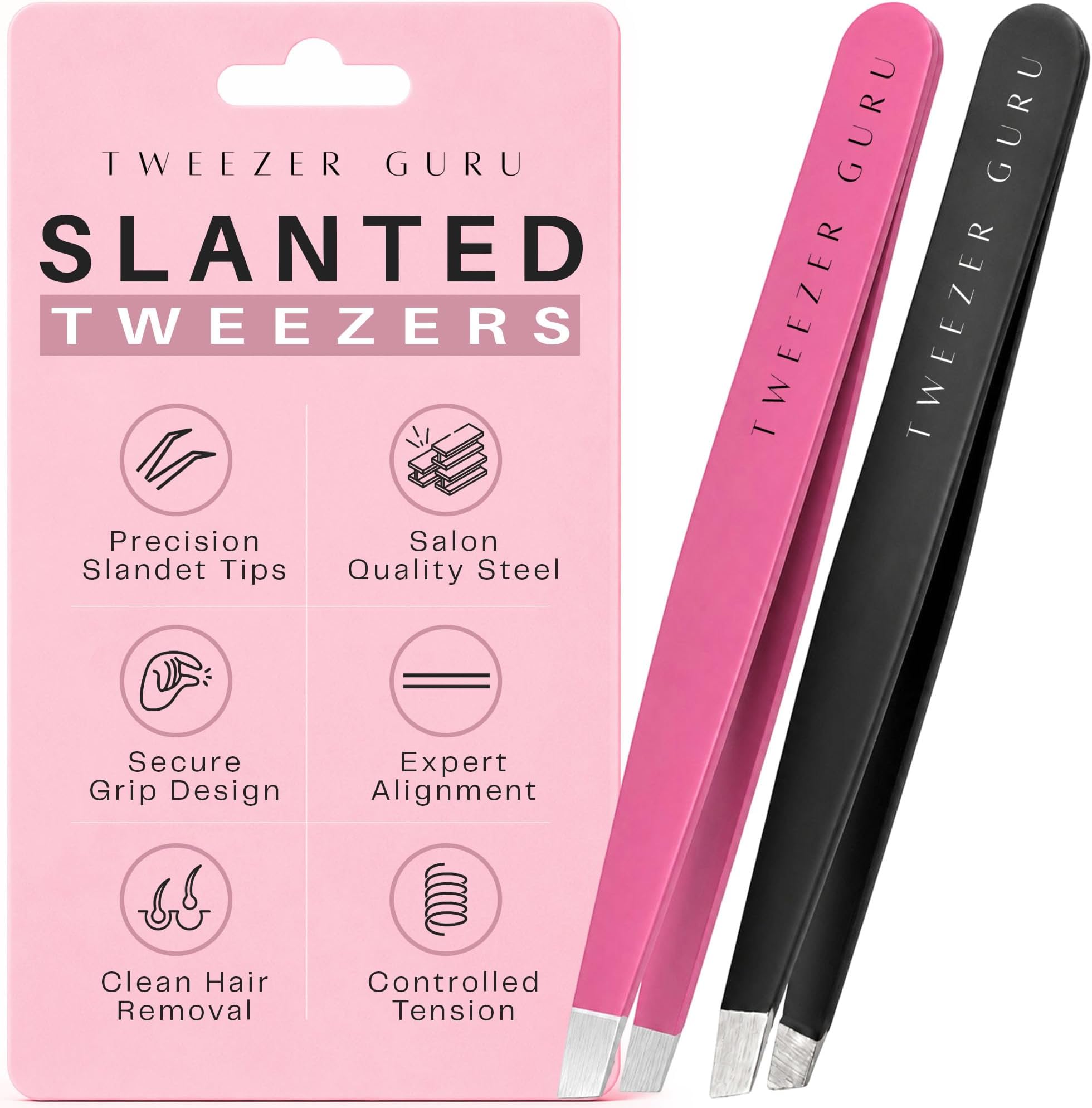 Tweezer Guru Black & Pink: Tweezerguru Slant Tweezers - Professional Stainless Steel Slant Tip Tweezer - The Best Precision Eyebrow Tweezers For Your Daily Beauty Routine! (Black & Pink)