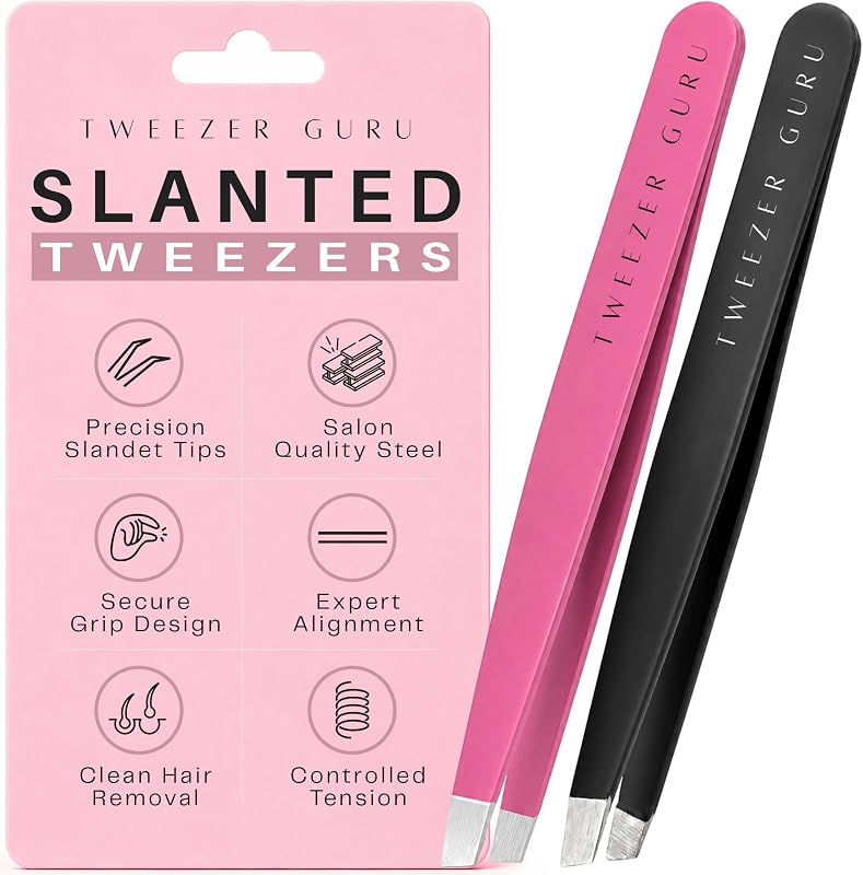 Pinças TWEEZER GURU de ponta chanfrada em aço inoxidável, Black + Pink, pacote com 2