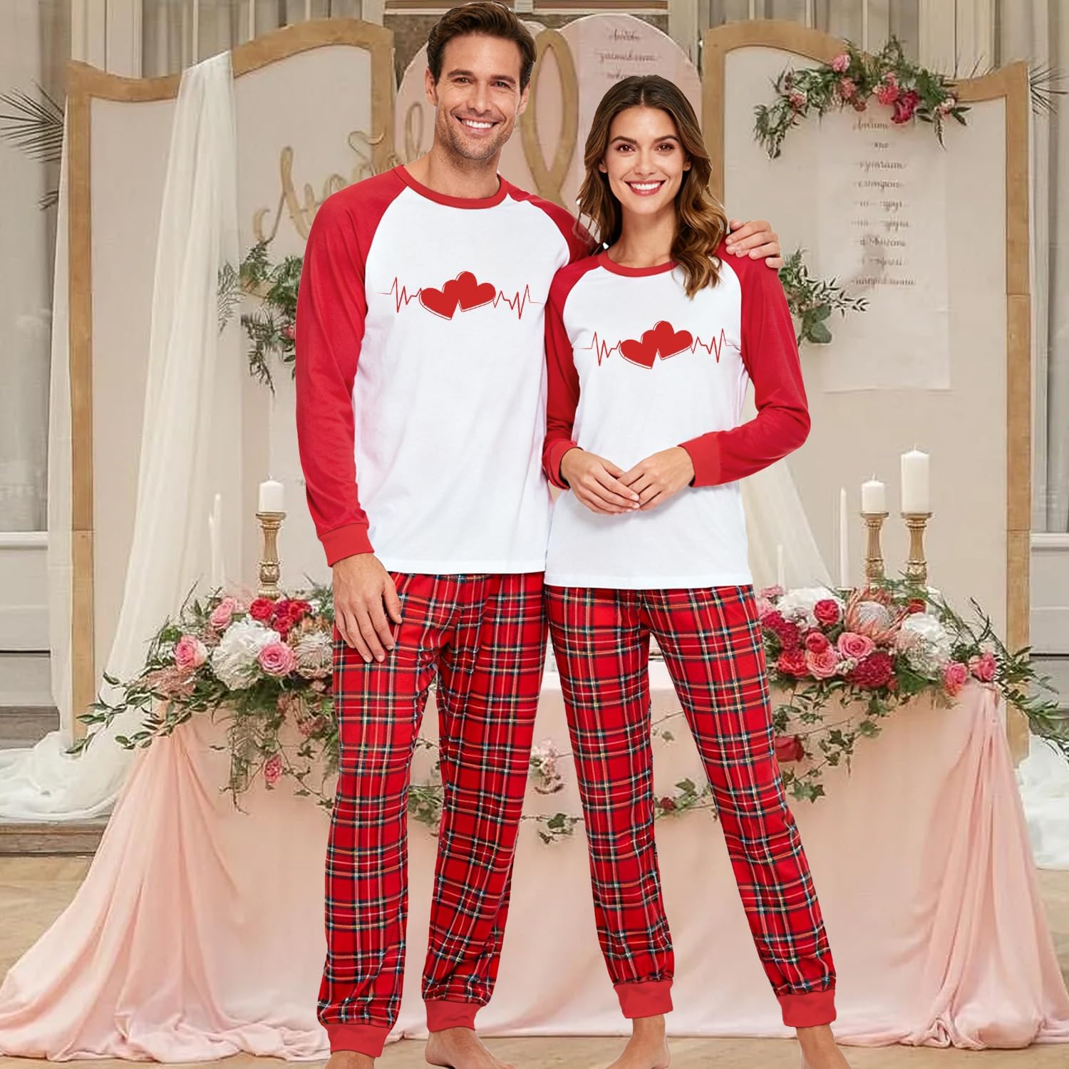 Couples Valentines Pajamas Valentines Day Matching Pajama Set Husband and Wife Heart Beats Long Sleeve Pjs - Image 3