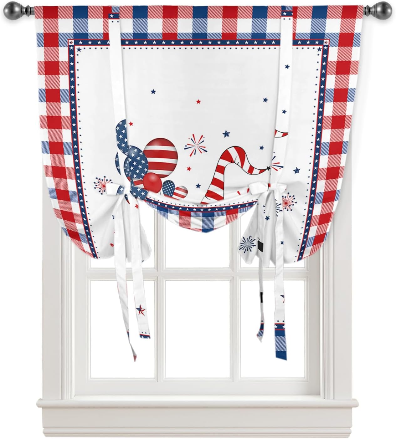 Independence Day Tie Up Window Shade Curtain Gnome 4th of July Balloon Fireworks Kitchen Adjustable Balloon Curtains Shades Drape 52x63In for Living Room/Bedroom/Cafe Windows Buffalo Check