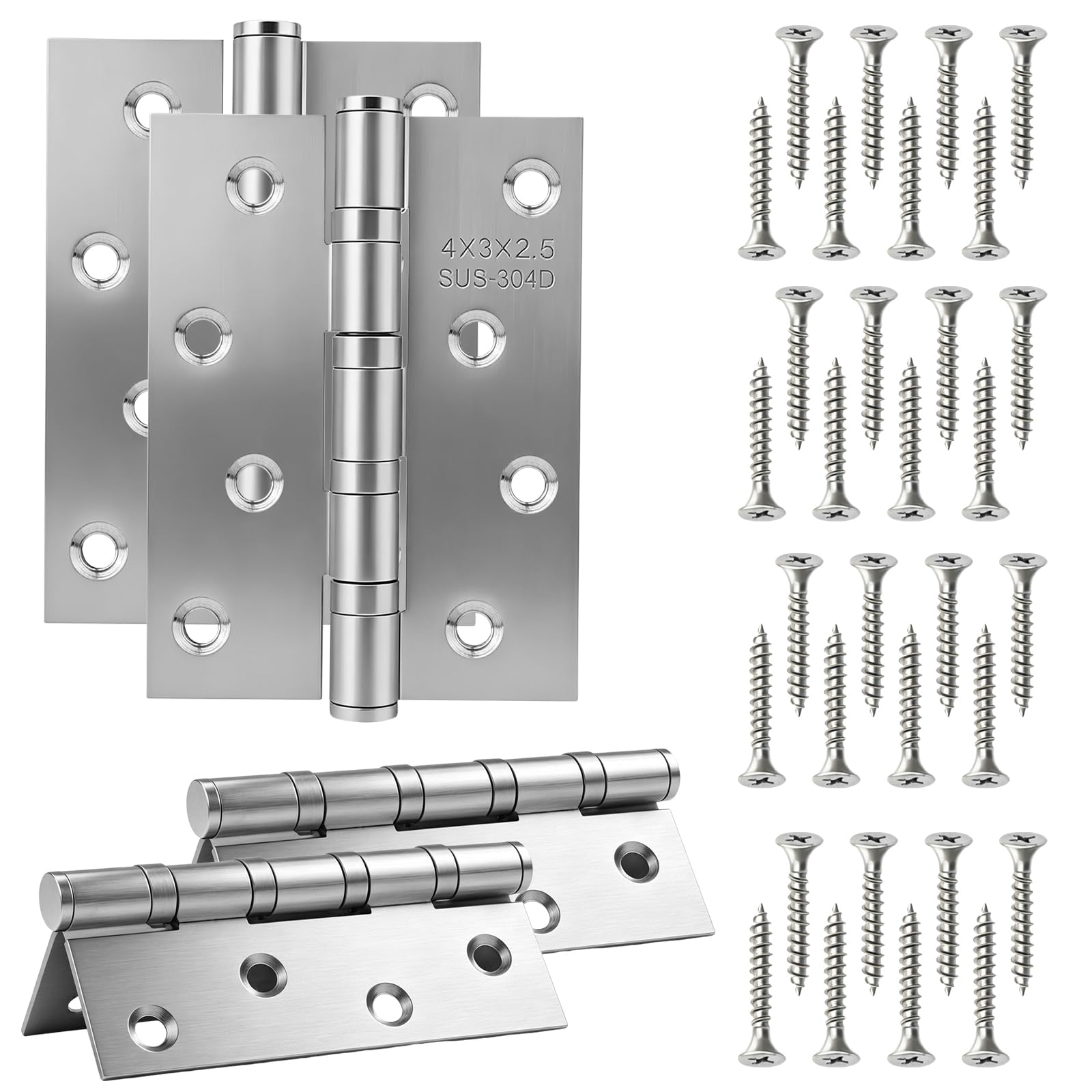 Door Hinges 100mm(4 Inch) x 76mm(3 Inch), 4 Pcs Stainless Steel Hinges, Ball Bearing Hinge with 32Pcs Screws for Internal External Doors for Gate, Windows, Cabinets, Closet, Wooden, Drawer Boxes Chest