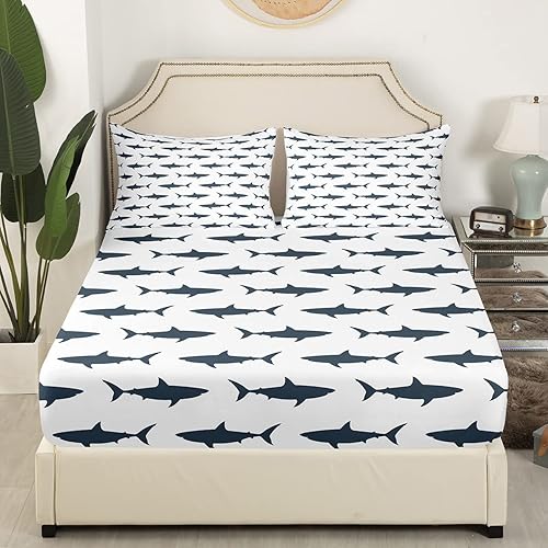 Miniatura 3 de Juego de sábanas de tiburón para niños y adolescentes, ropa de cama de peces marinos marinos, juego de cama de animales marinos, criatura costera
