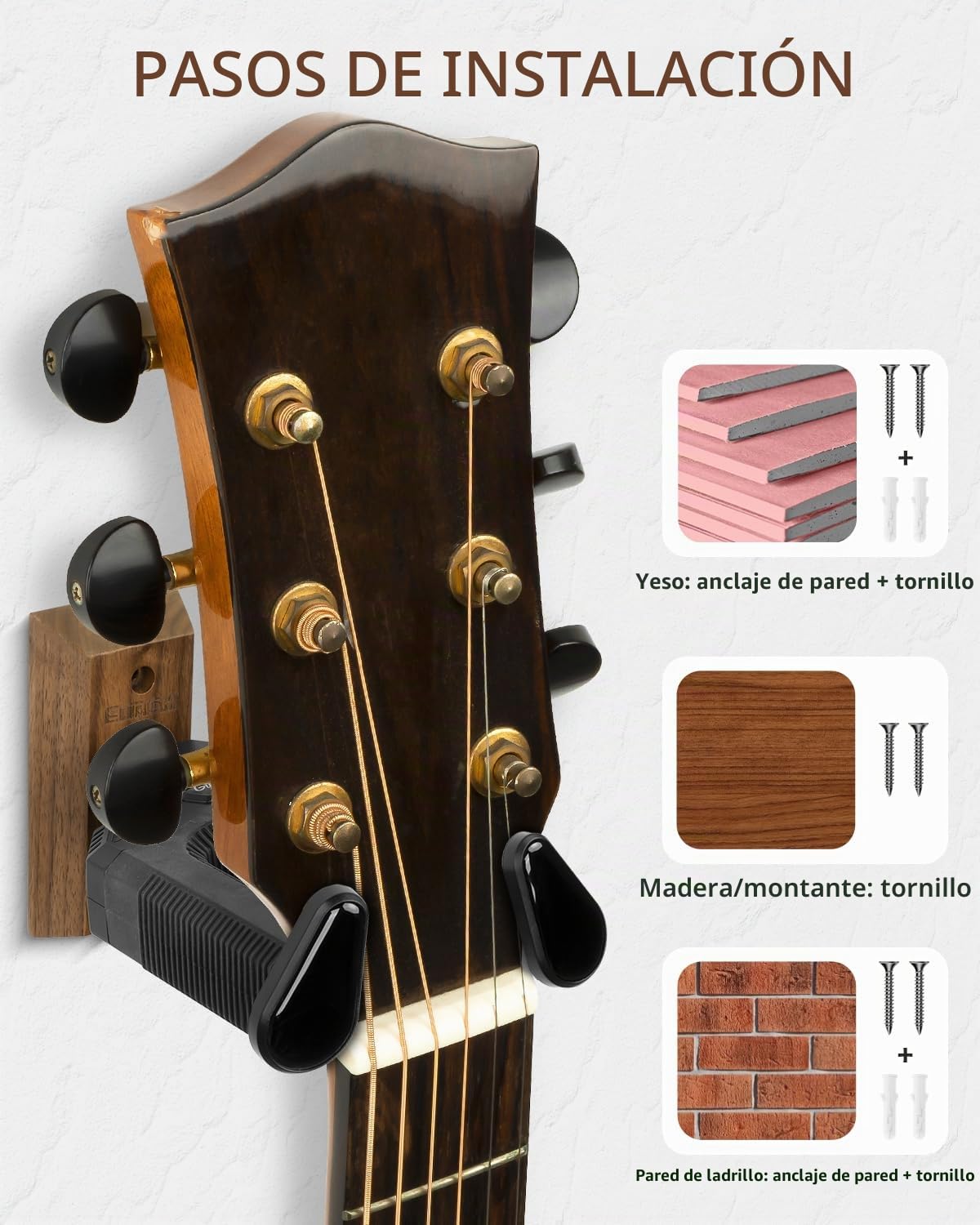 STRICH Soporte de pared para guitarra con base de nogal, soporte de pared para guitarra en forma de U con soporte de bloqueo automático para acústico, eléctrico, banjo y bajo (paquete de 2)