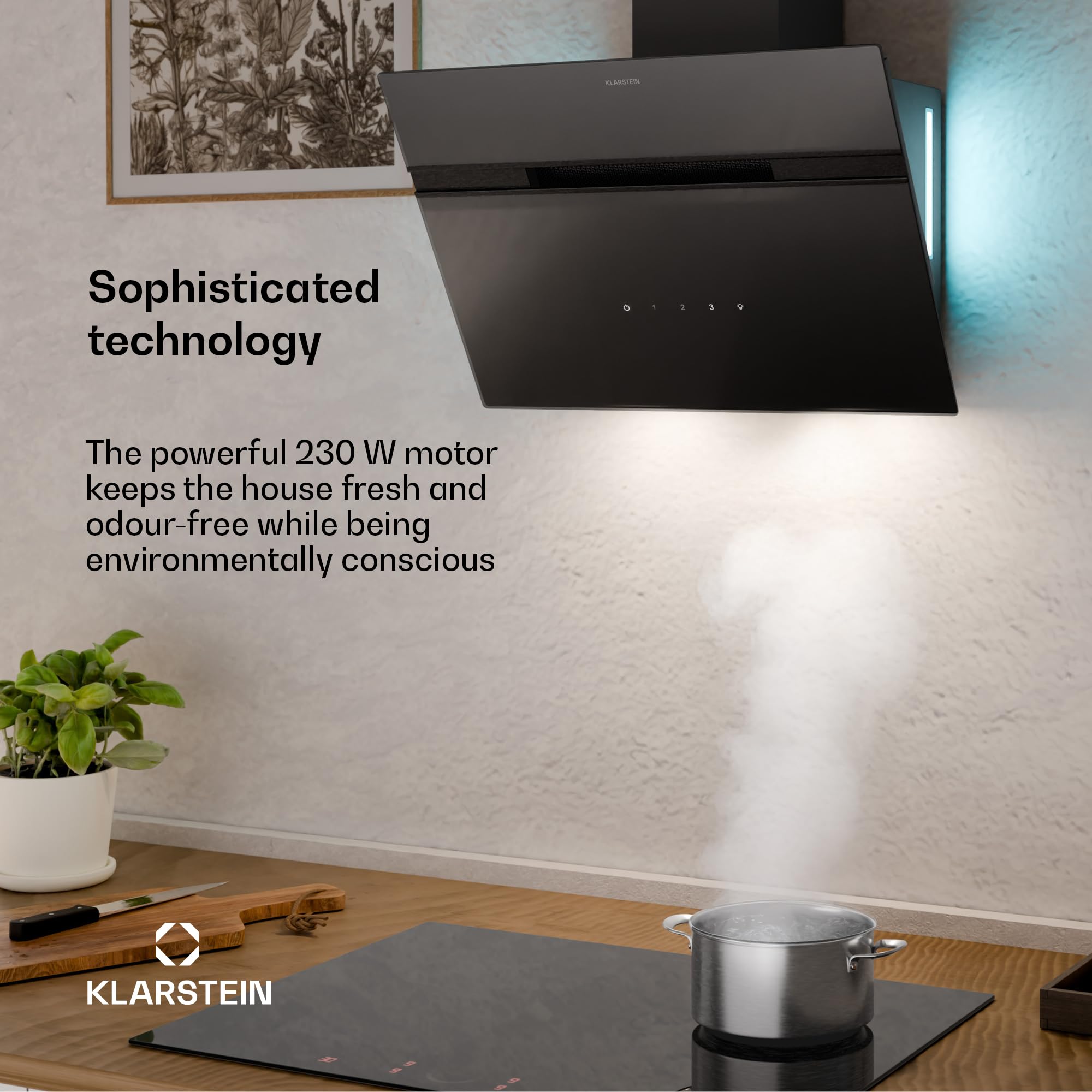 Klarstein Alina Okap kuchenny przyścienny – 60 cm, przepływ 600 m³/h, klasa energetyczna A, sterowanie dotykowe, podświetlenie LED w 9 kolorach, cichy 52 dB, czarny, tryb wyciągu i recyrkulacji