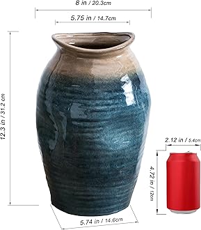 Blue Floor Vase, Ceramic Glazed Large Vase for Modern Farmhouse Home Decor, Rustic Terracotta Pottery, Vintage Clay Vase for Living Room Entryway Centerpiece