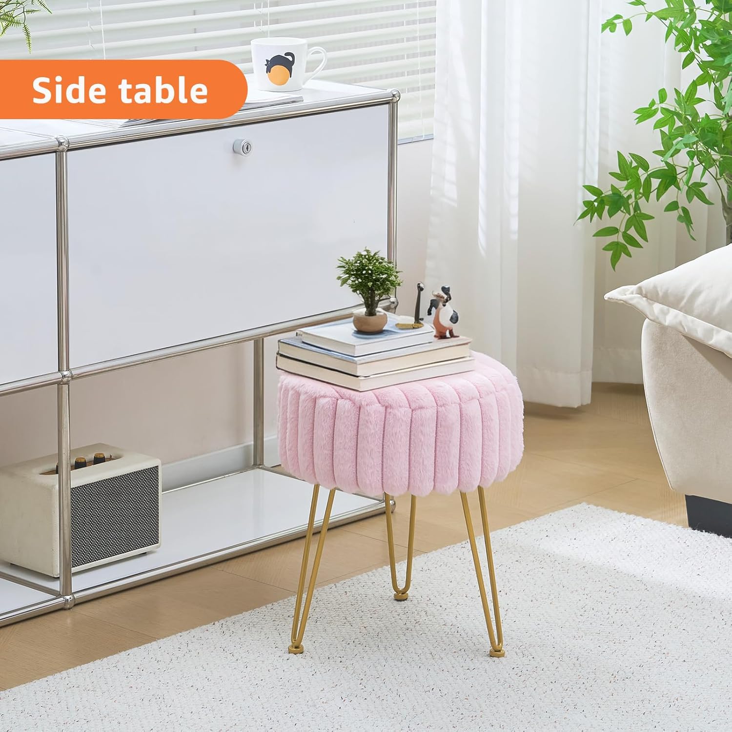 Vanity Stool,Faux Fur Ottoman Foot Stool, Dressing Table Seat with Metal Leg Vanity Chair for Bedroom, Living Room, Entryway, Offices